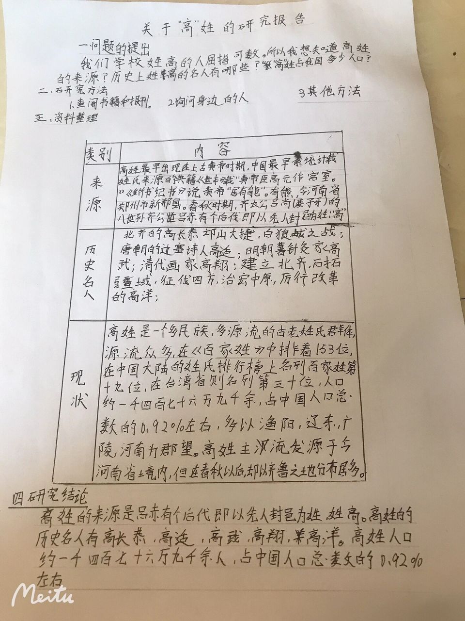 五年级下册《关于高姓的研究报告》500字