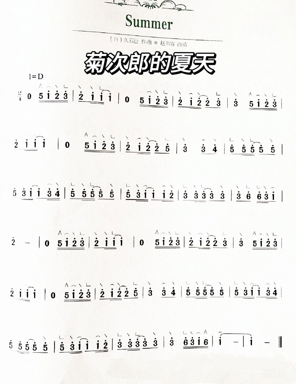 古筝谱《菊次郎的夏天》 d调曲谱,简易版,示范版在主页哦