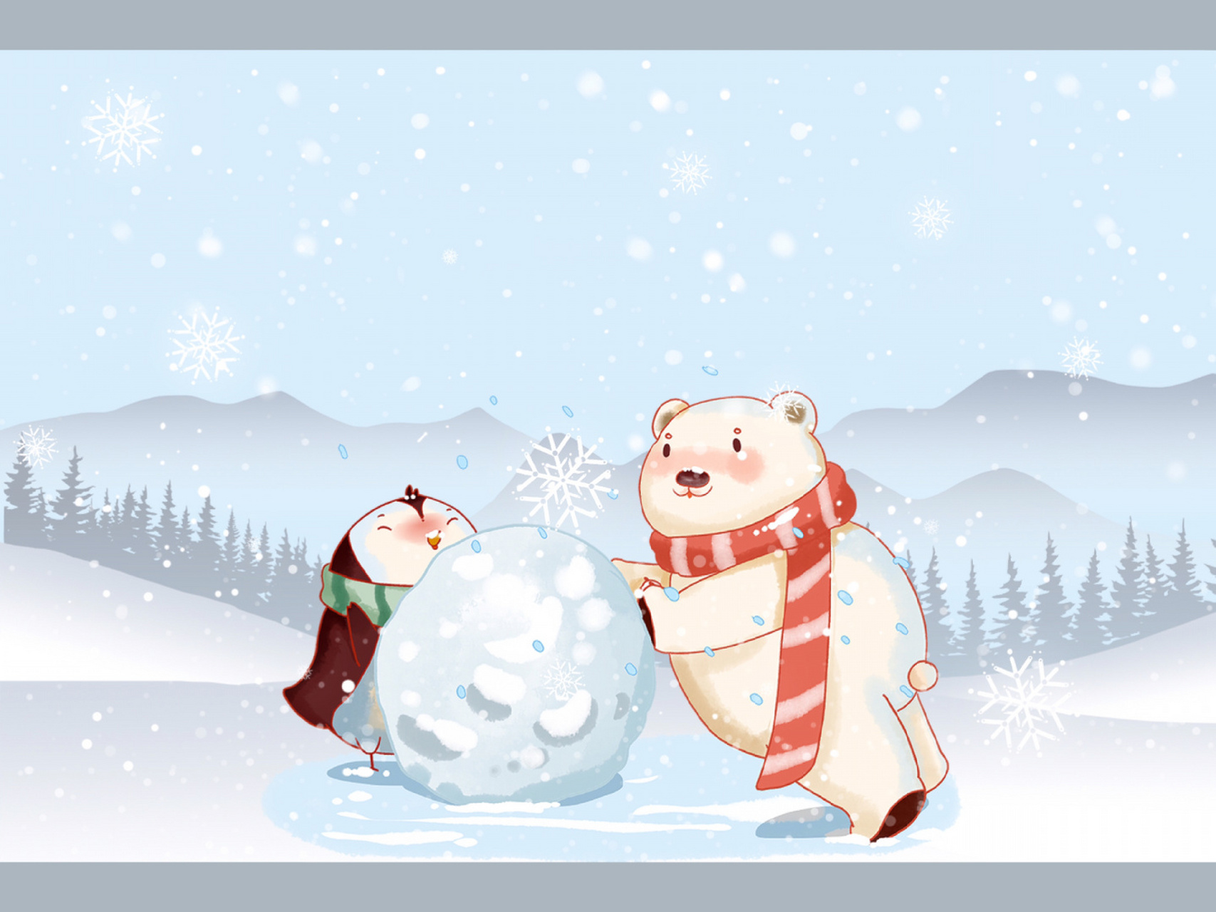 插画|冬季赏雪的北极熊和企鹅 7615这一组冬季雪