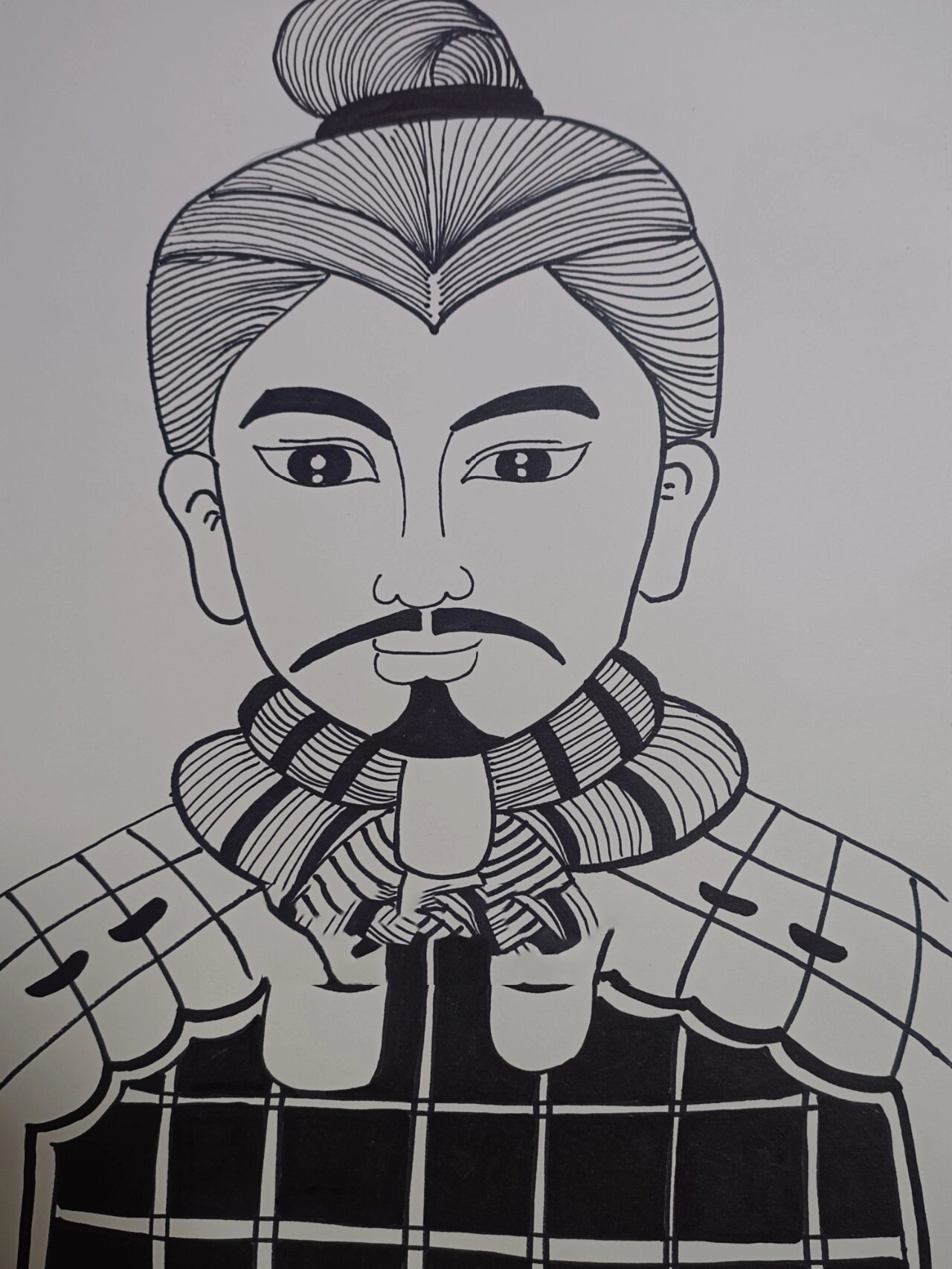 创意美术《线描——兵马俑》 1,工具材料: 牛皮纸,记号笔 2,适合年龄