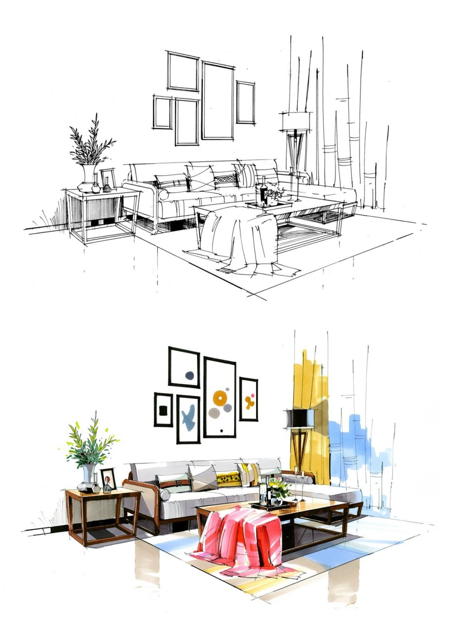 环艺手绘|室内家装小场景色彩表达 两点透视家装客厅小场景线稿➕