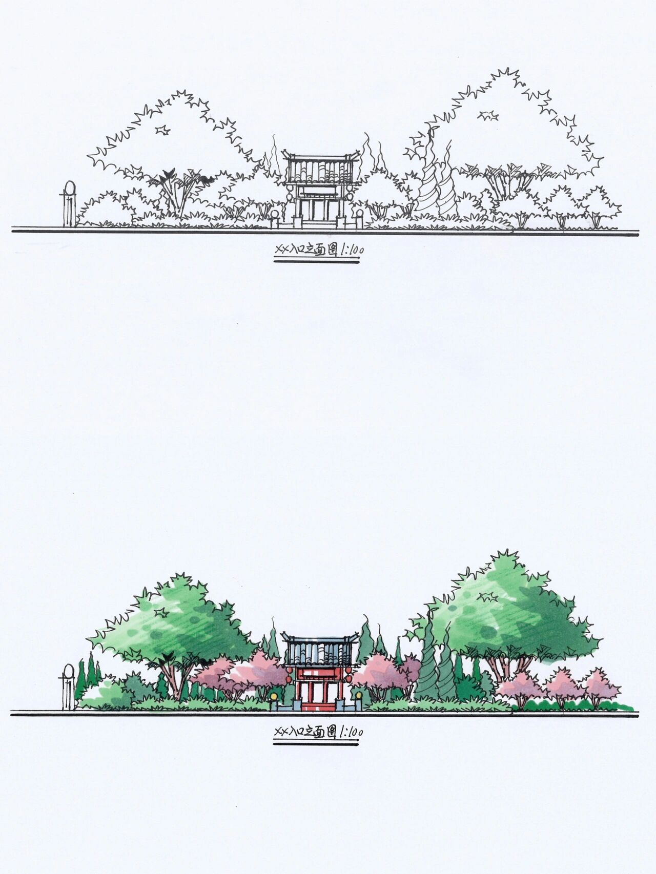 公园立面图手绘线稿图片