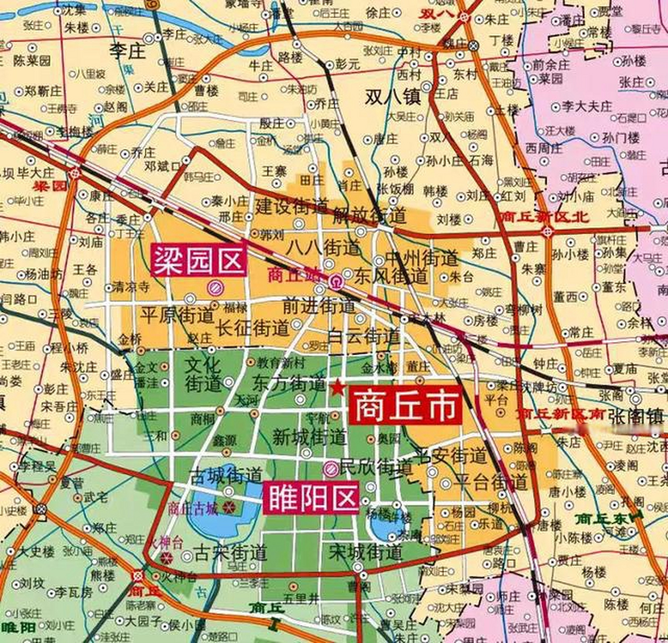 商丘新区在东面,但东边的铁路线和高速公路太多了,影响城区规划