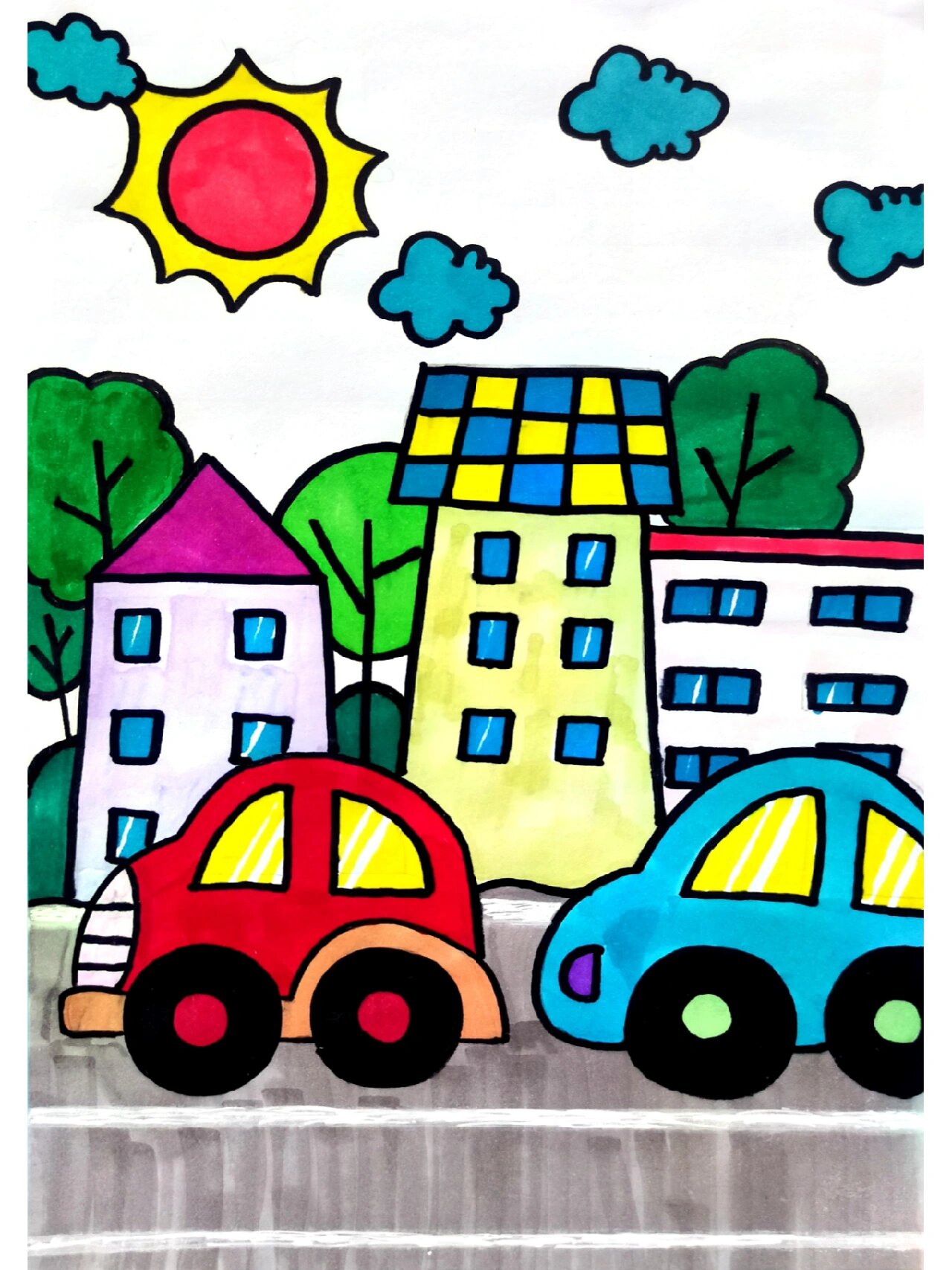 小汽车简笔画,热闹的马路