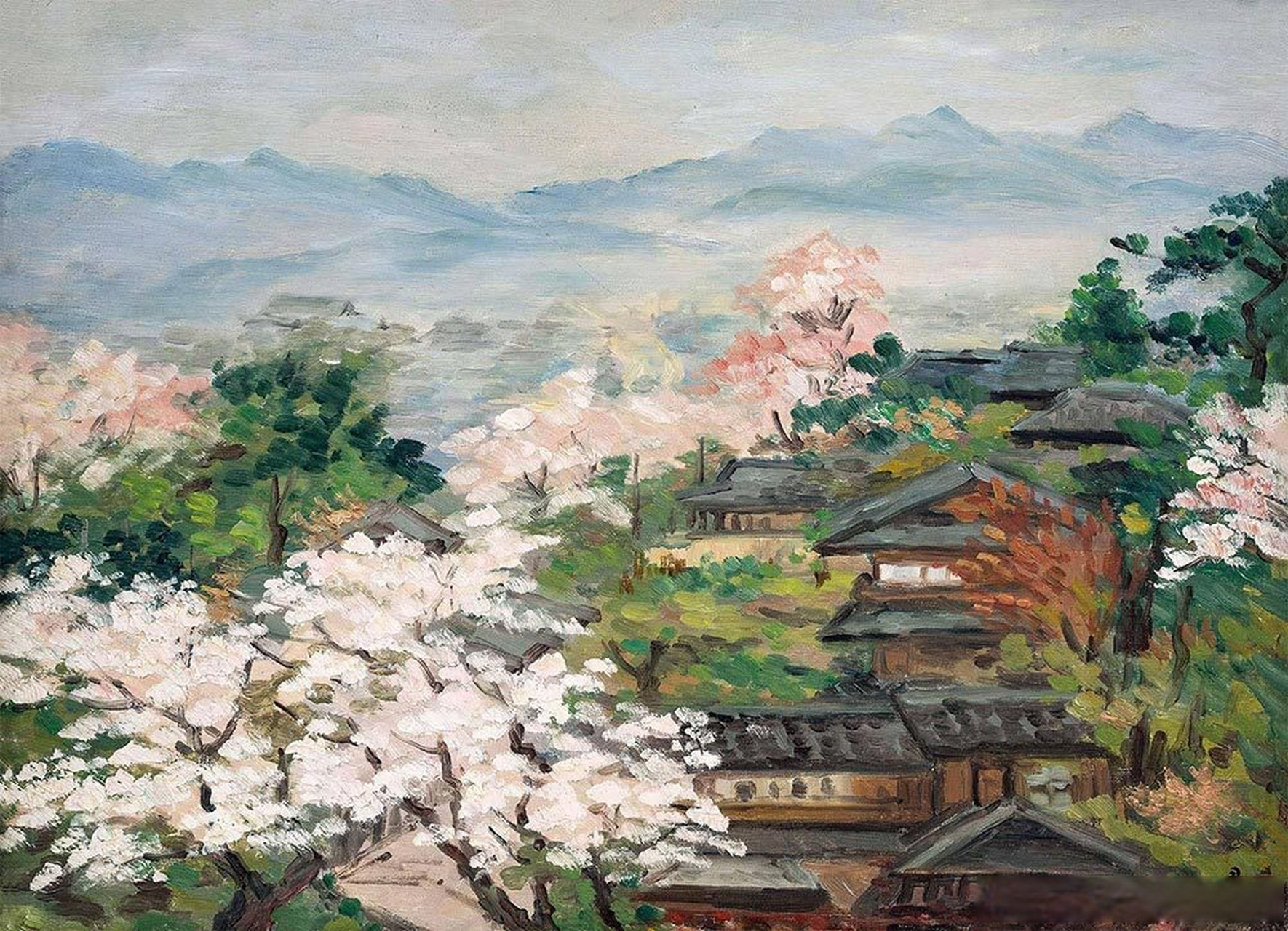 【 方君璧《樱花》 】  《樱花》选取了象征着日本文化的寺庙和樱花