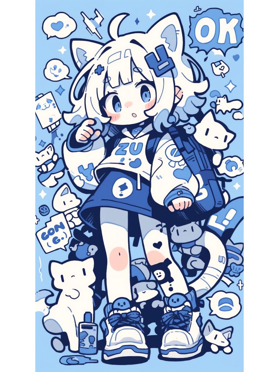 midjourney可爱涂鸦艺术猫系女孩壁纸 大家那么喜欢猫系女孩,做了几张