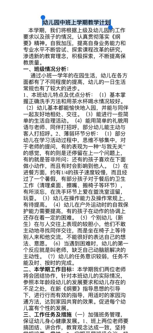 幼儿园中班上学期教学计划