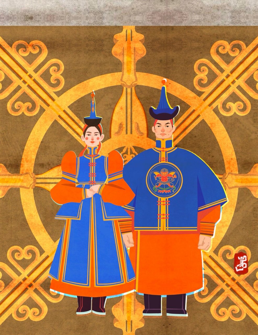 蒙古族婚礼插画 按朋友给的照片绘制的婚礼插画,在原有的服装基础上做