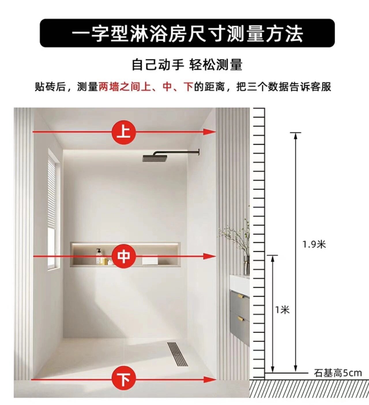 淋浴房测量尺寸详情要点 专业淋浴房经验之谈 一字型淋浴房的测量方法