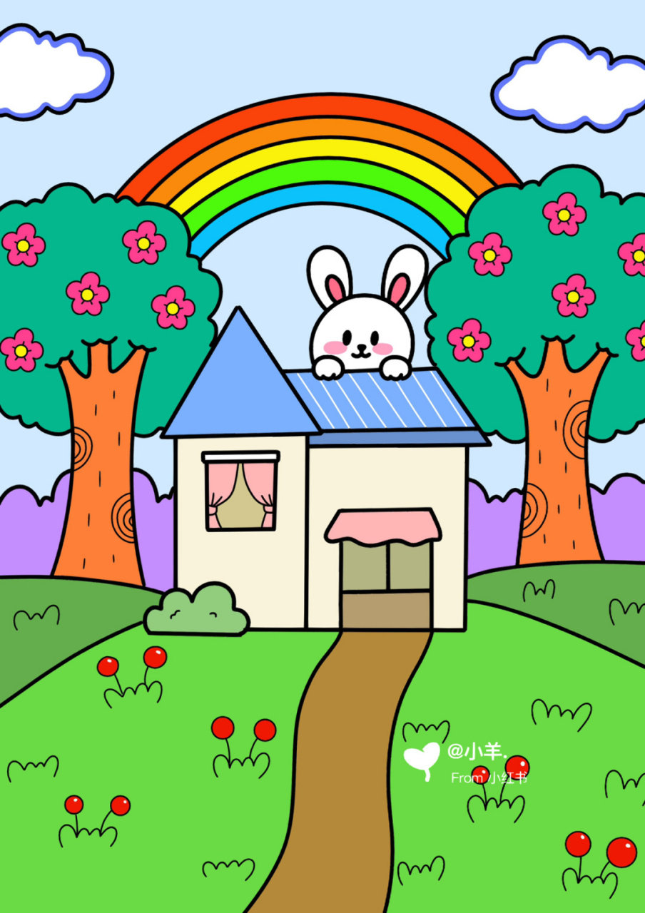 小兔子的家儿童画 房子儿童画 带线稿 步骤 #创意美术儿童画# #简笔画