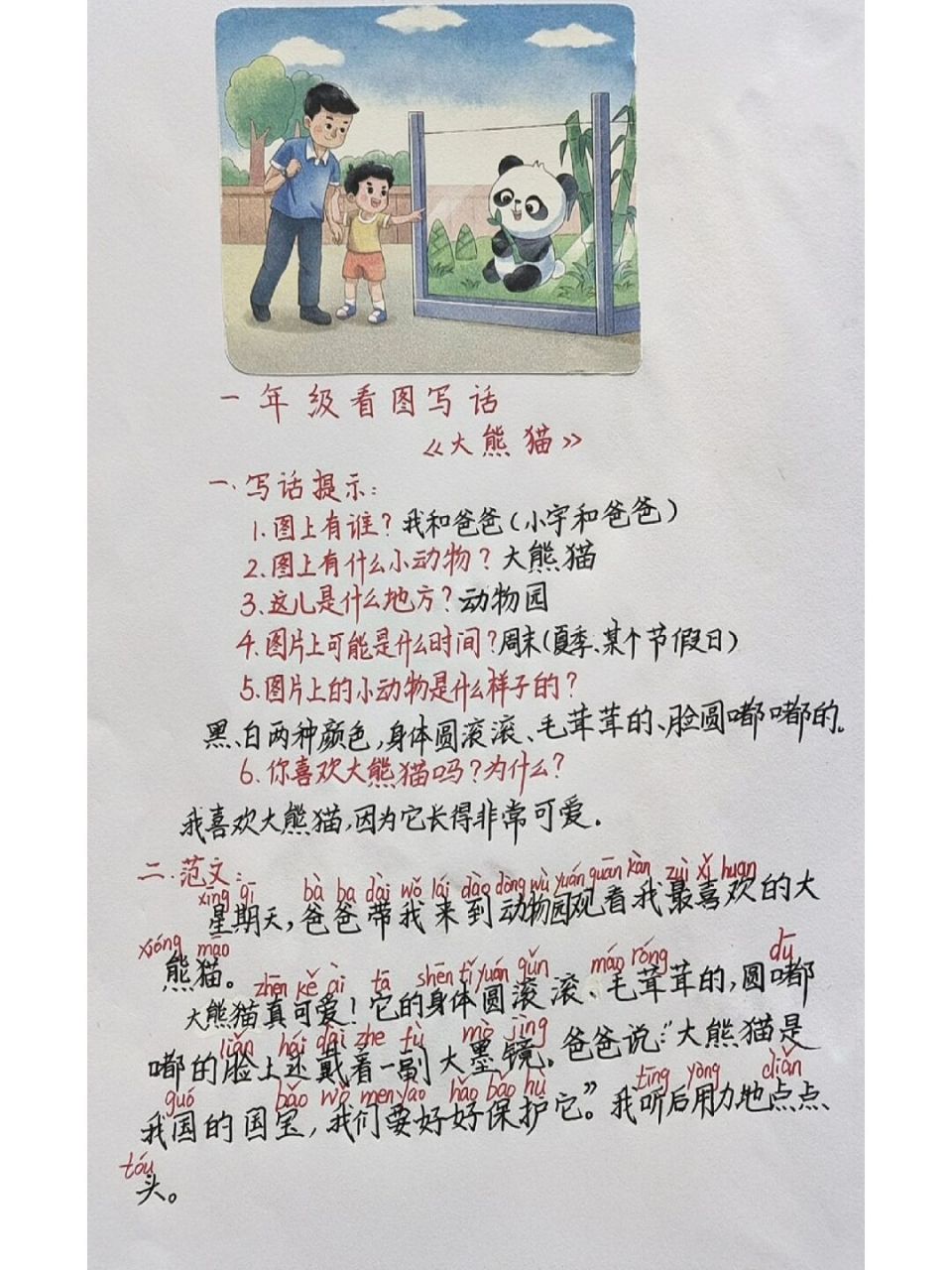 一年级看图写话《大熊猫》:抓外形特征,写一篇完整的话(附范文)