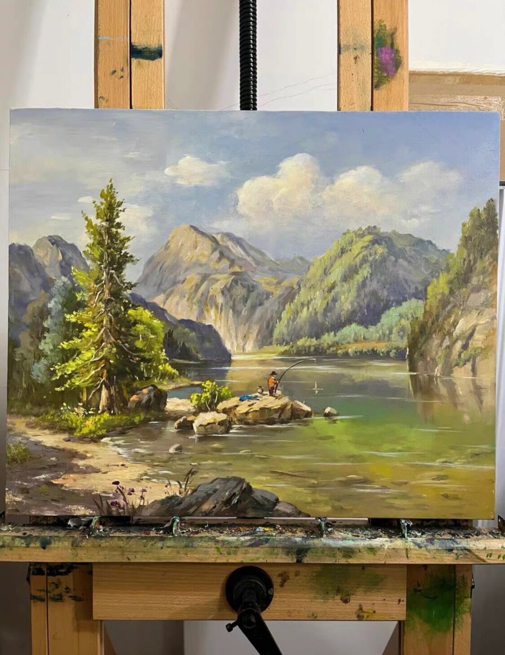 古典风景～《河边钓鱼者》 纯手绘油画,古典风景画河边钓鱼50×60厘米