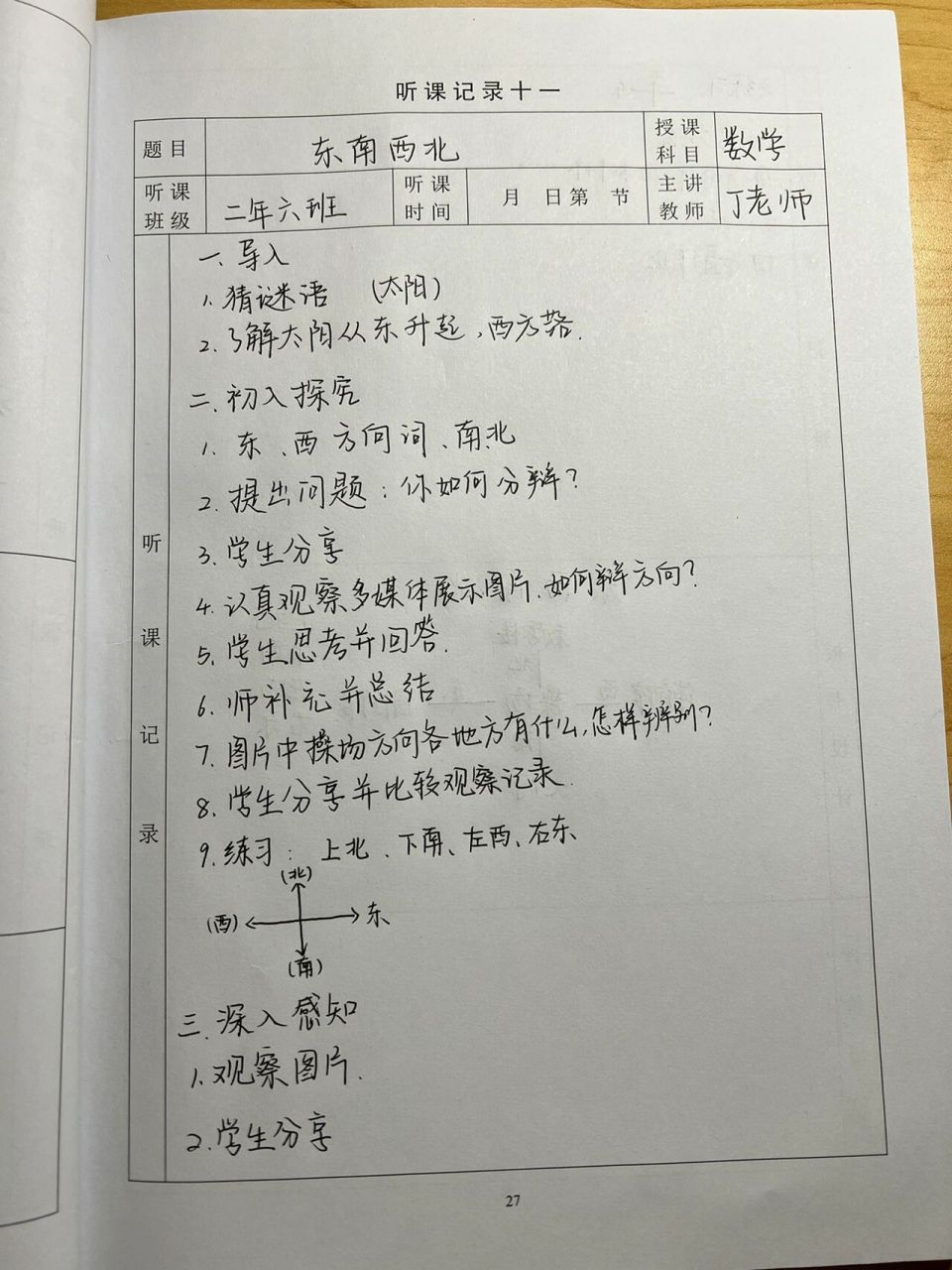 听课记录 北师大版小学数学二下《东南西北》