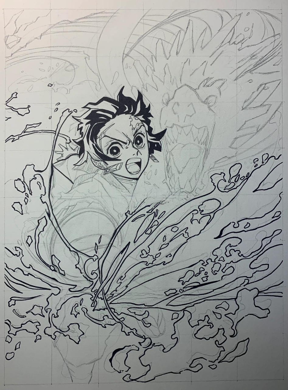 【鬼灭系列】碳治郎水火双呼吸线稿手绘过程 这张图线稿摸了我6小时,4