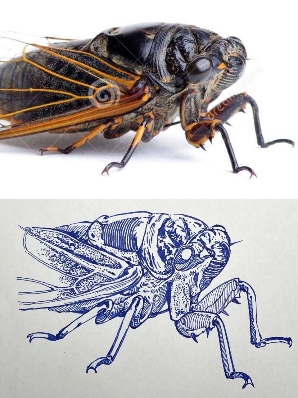 蝉的画法对照 蝉比较简单,搞清楚结构,把比例搞一下,先这样再那样