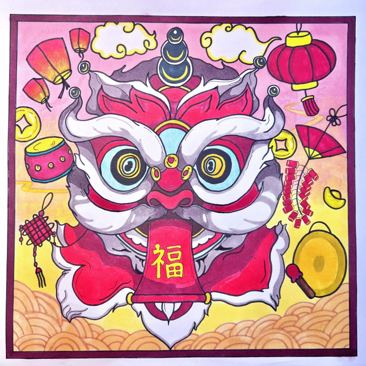 终于完成中国元素绘画了 老师布置的作业是带中国元素的绘画,在小红