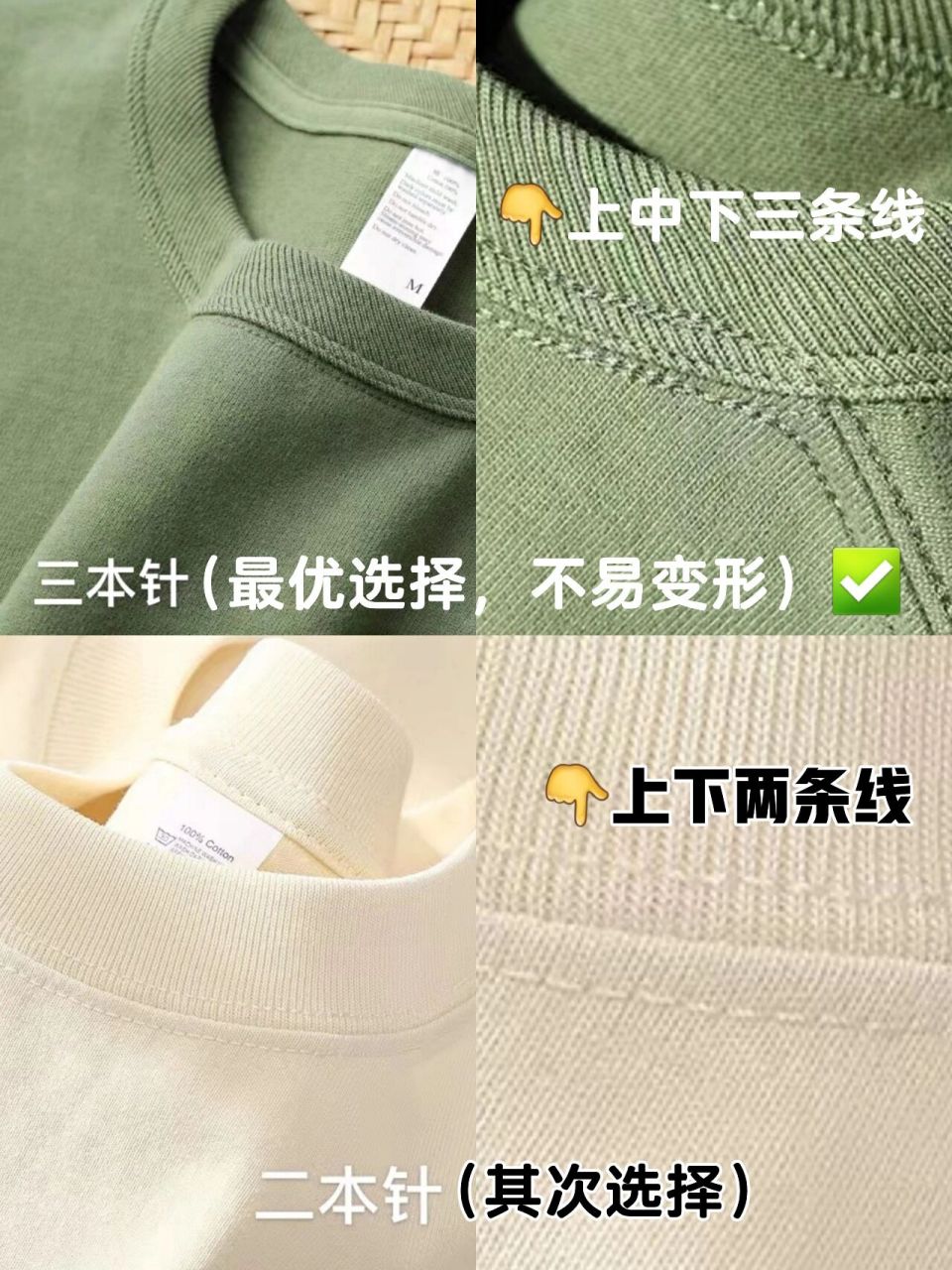 t恤选购看领口工艺:三本针和二本针 t恤的领口是通过本针这种工艺固定