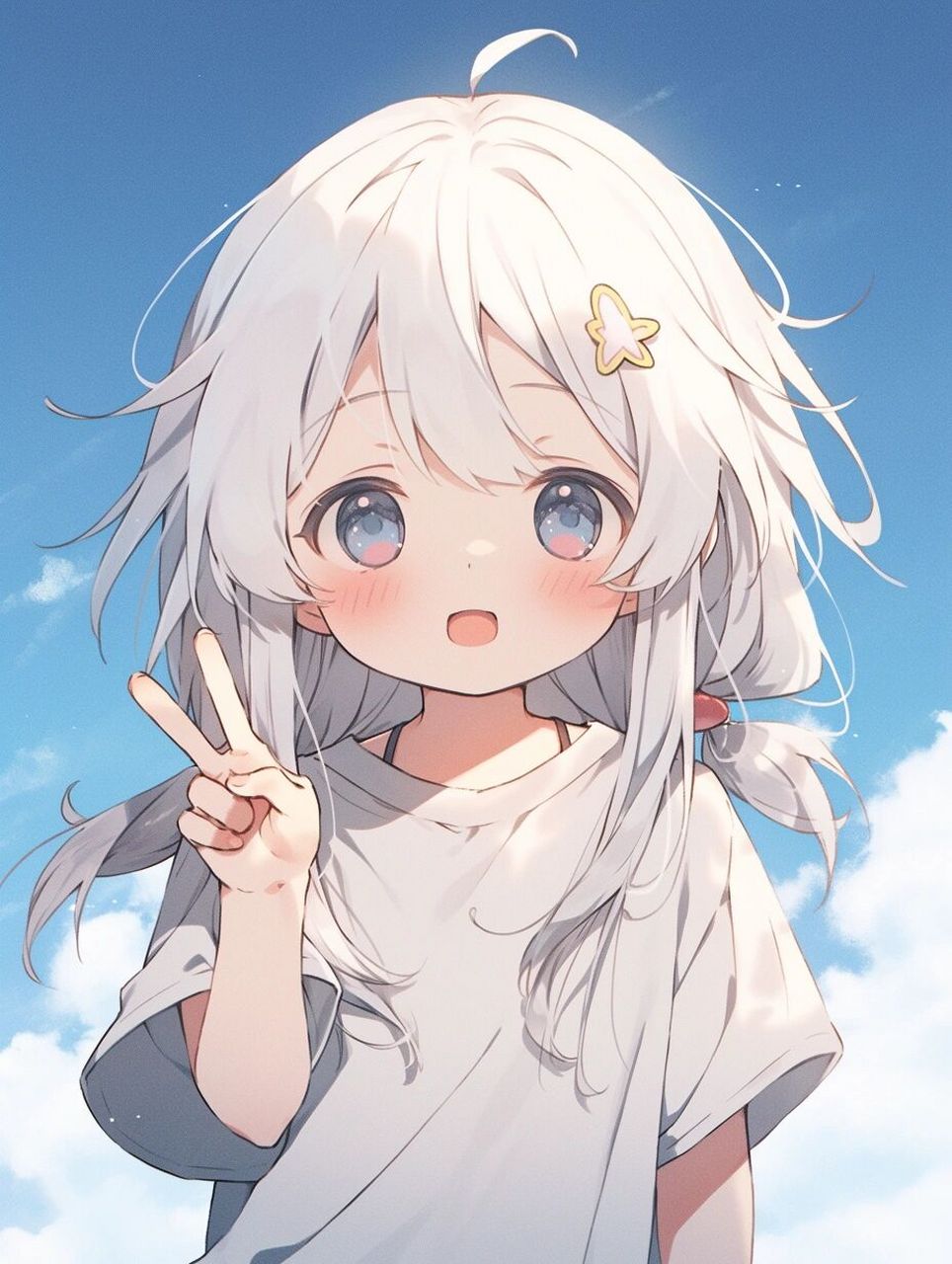 【漫画头像】天空可爱版白发女孩  给生活比个v, 可可爱爱小女孩.