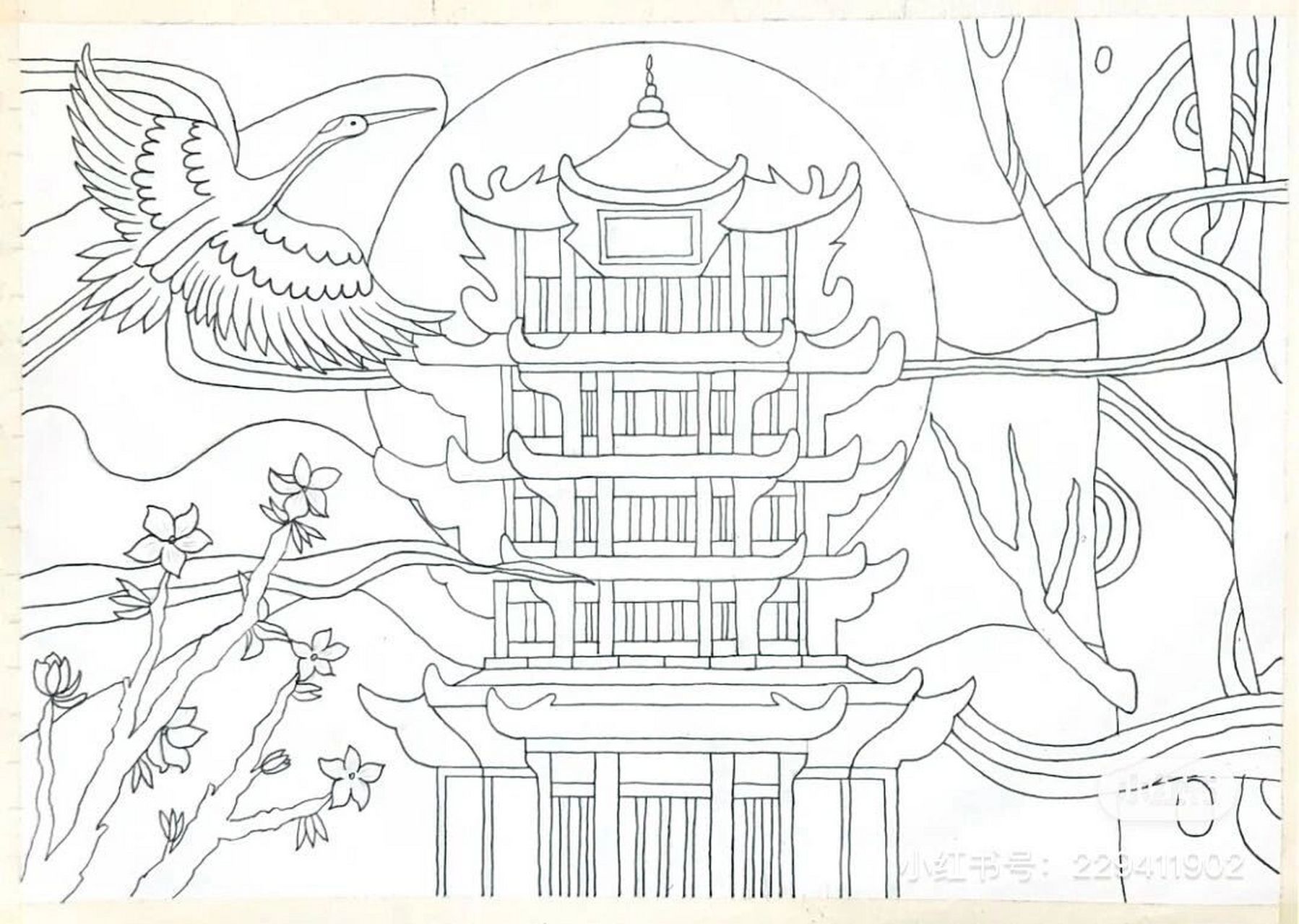 诗配画之黄鹤楼(附线稿) 临摹自 (韩韩)线稿在最后一张颜料用的水粉