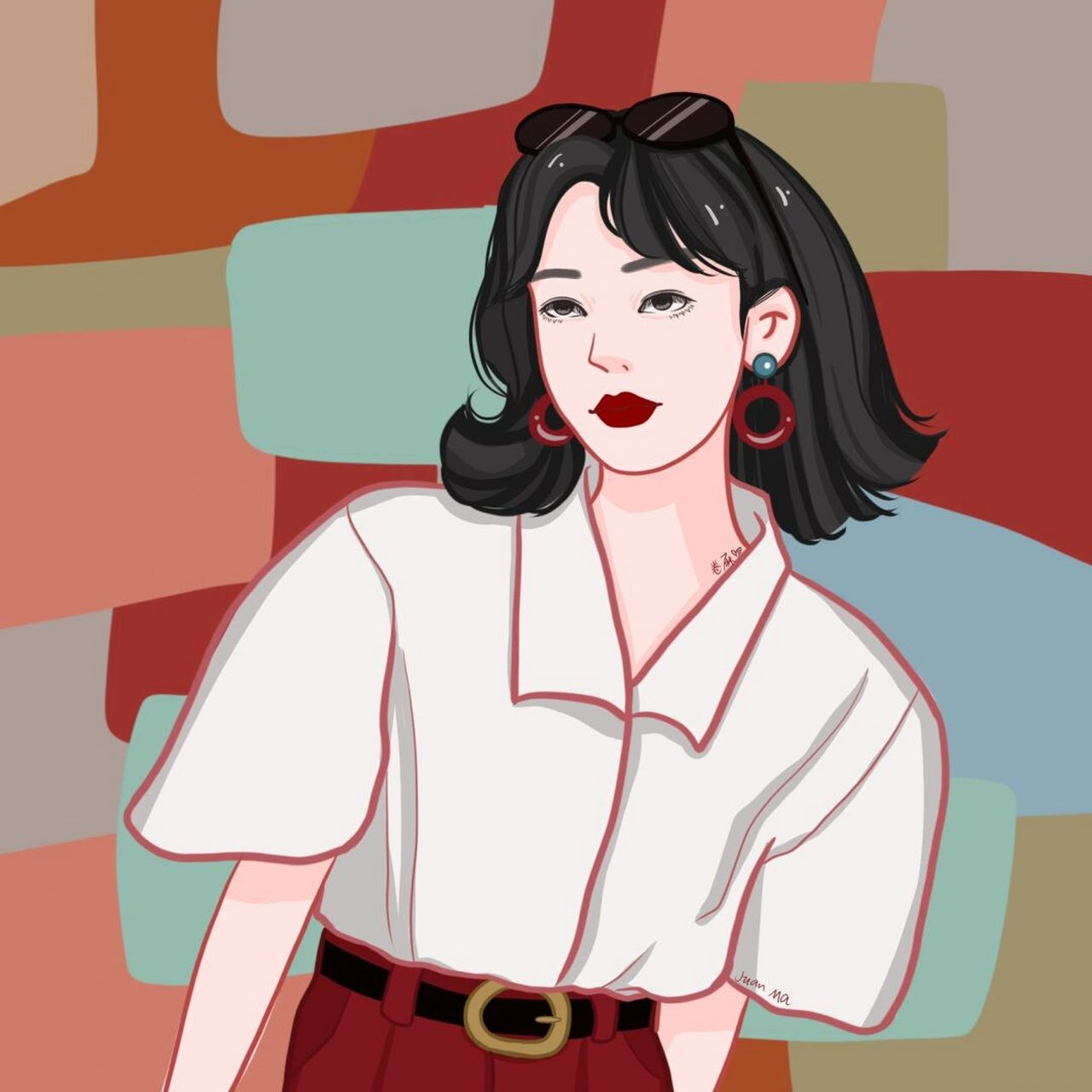 插画 | 头像 | 98复古港风头像 白色衬衫77红色裤子77墨镜,又酷