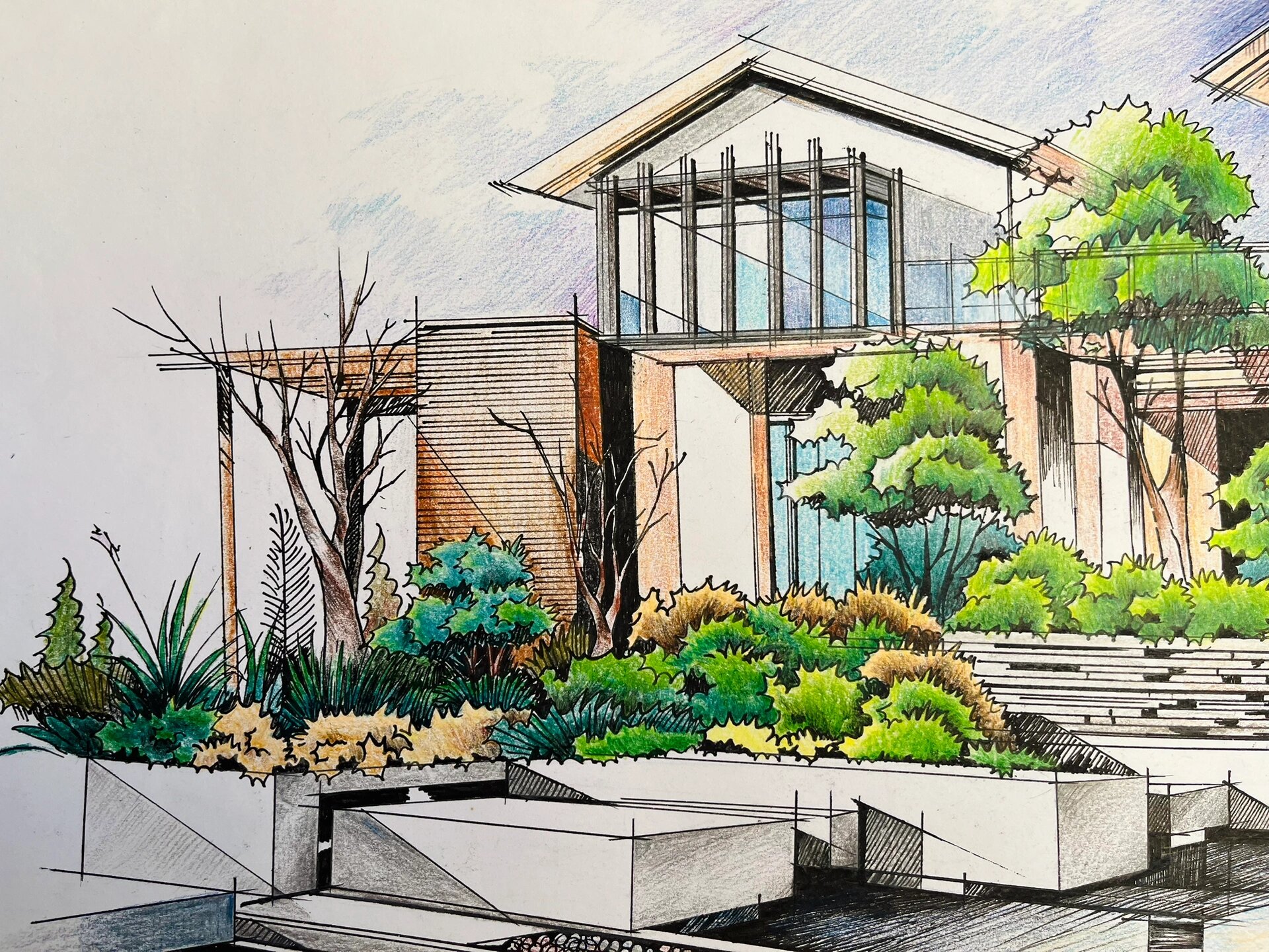 室外建筑手绘效果图—彩铅 本学期练习作业终于完成第一幅啦,用彩铅上