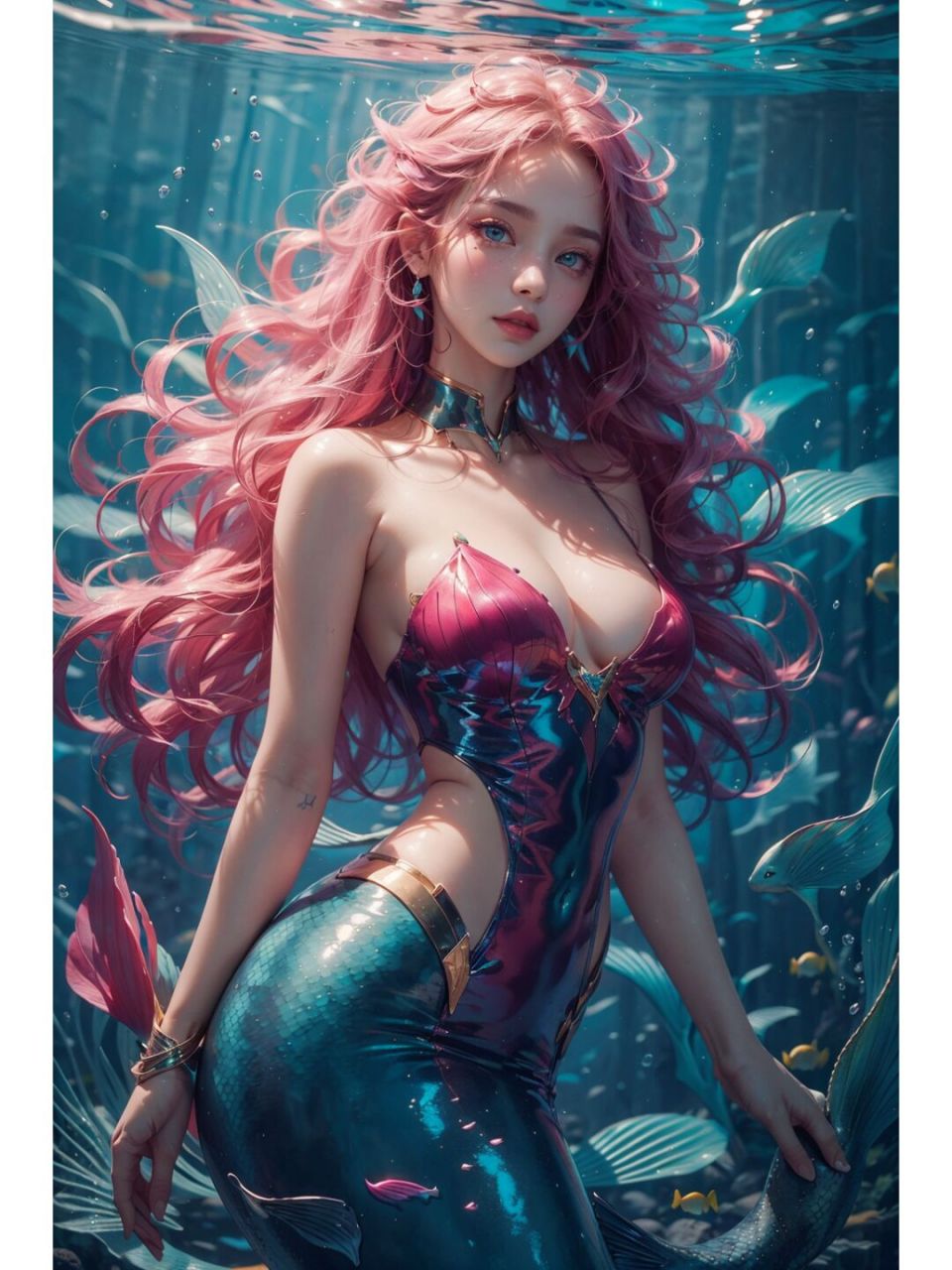 在柔和的月光下,悠然浮现三张美人鱼肖像,每一幅都洋溢着神秘与梦幻的