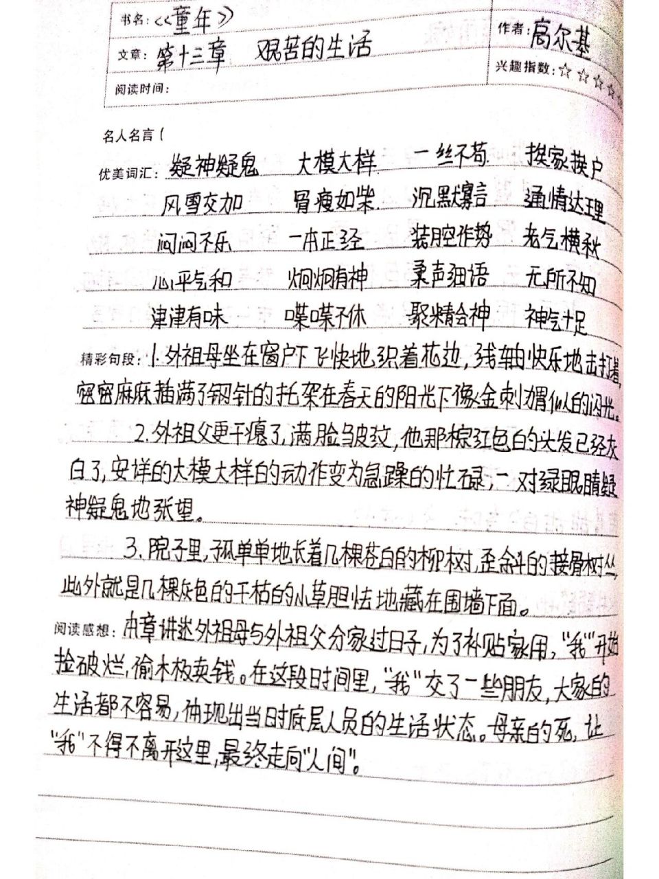 《童年》第十三章艰苦的生活读书笔记