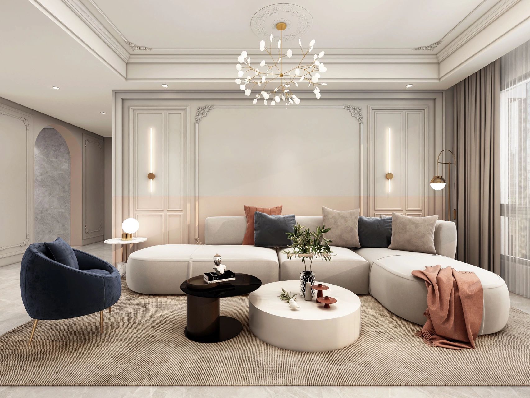 分享一套奶油风的法式轻奢客厅效果图,整体装修以乳白色为基调96