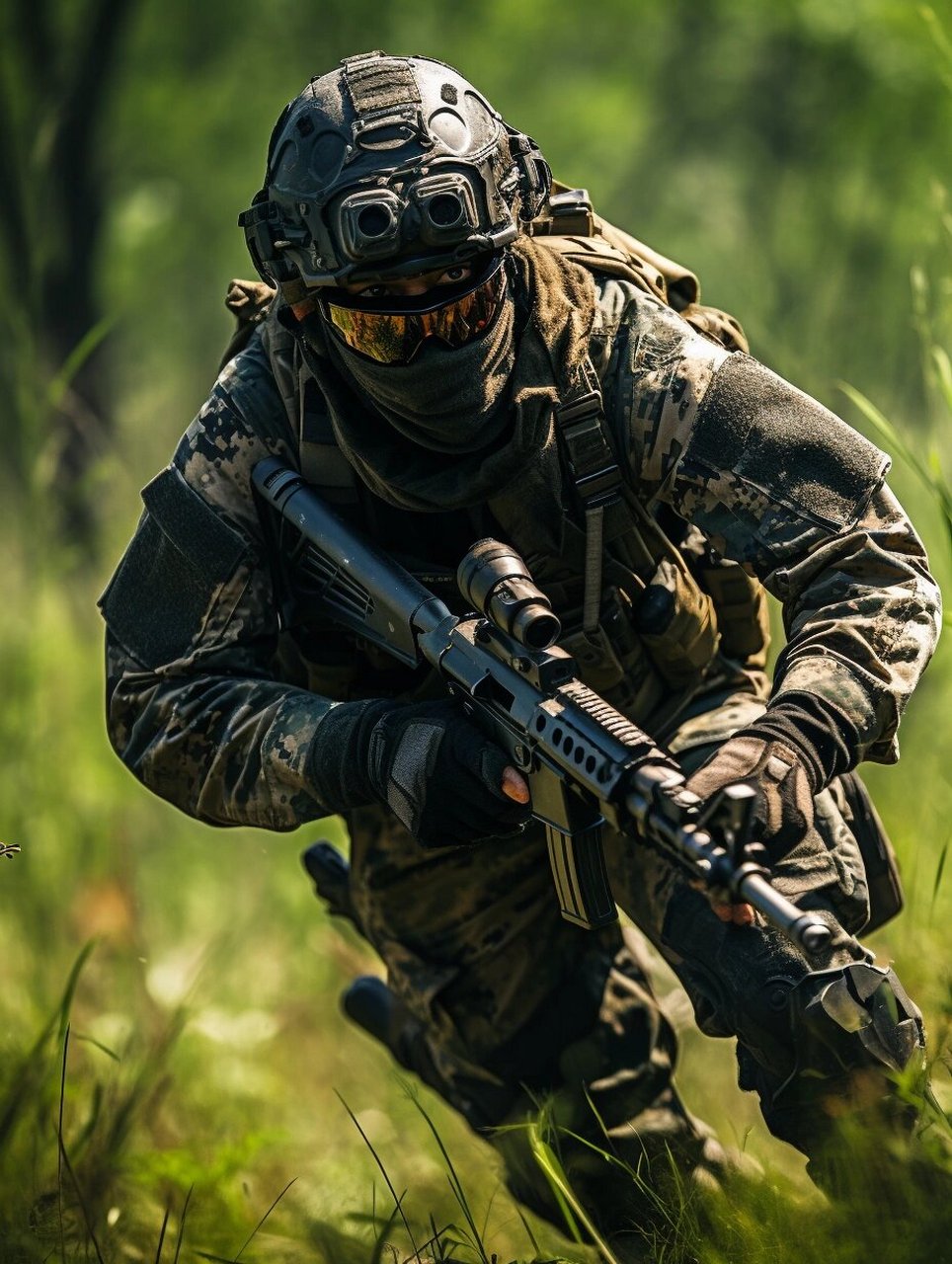 穿着战斗迷彩服,战术装具.头上戴着头盔,脸上戴着面罩,脚上穿着军靴.