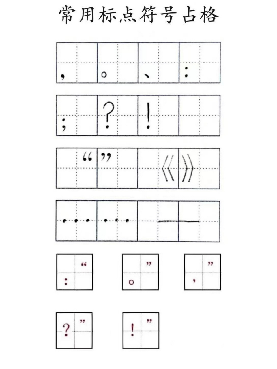 常用标点符号占格 写作文的时候,要注意一下标点符号在方格中的位置哦