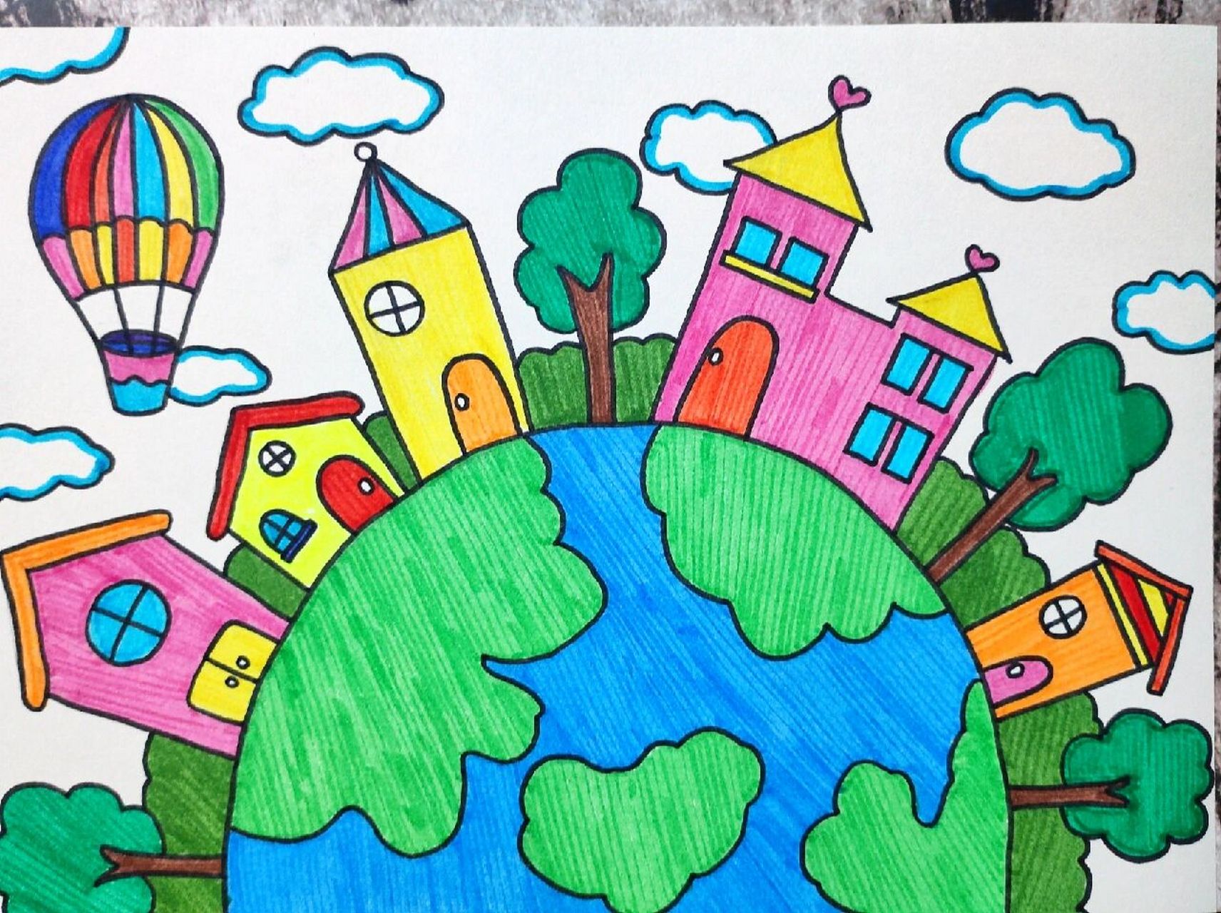 儿童画《地球村》(原创) 78绘画主题《地球新村》 78绘画工具