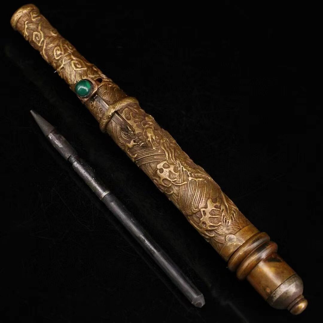 清代纯铜嵌宝防身暗器 珍藏清末老纯铜纯手工打造镶嵌宝石龙头袖剑