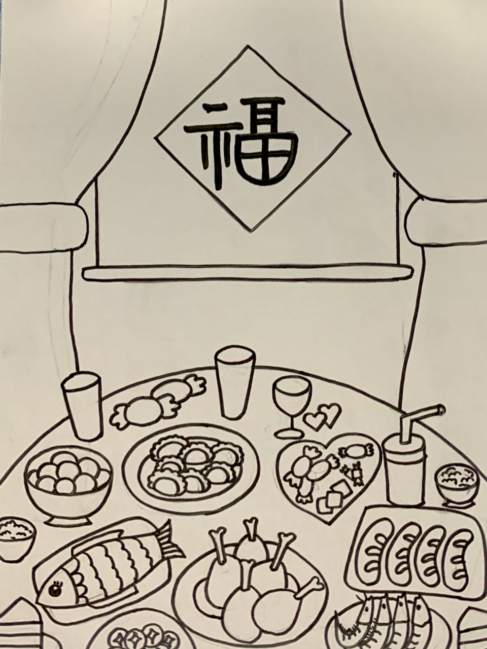 中国年夜饭简笔画图片