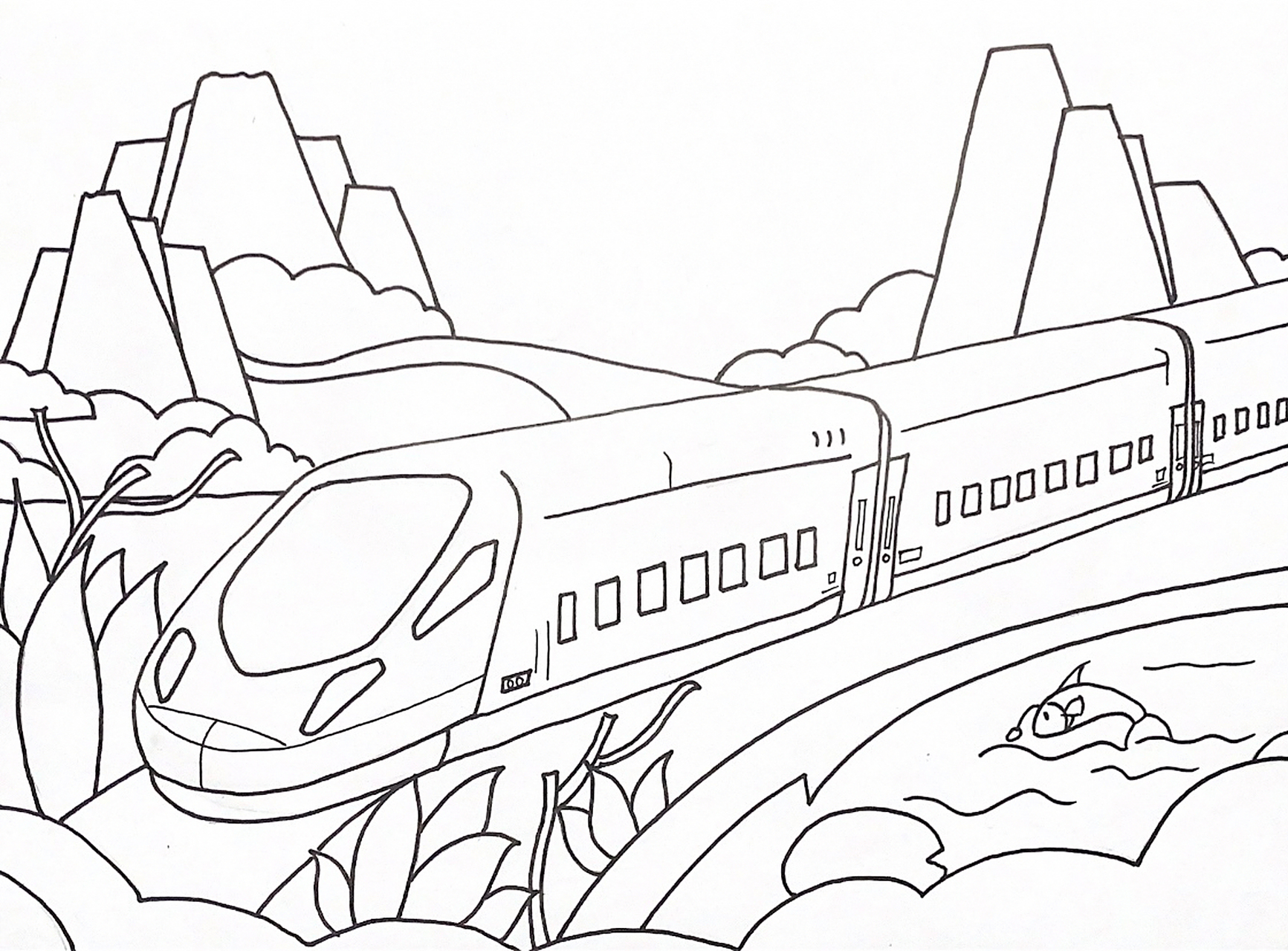 高铁儿童画 线稿 创意儿童火车