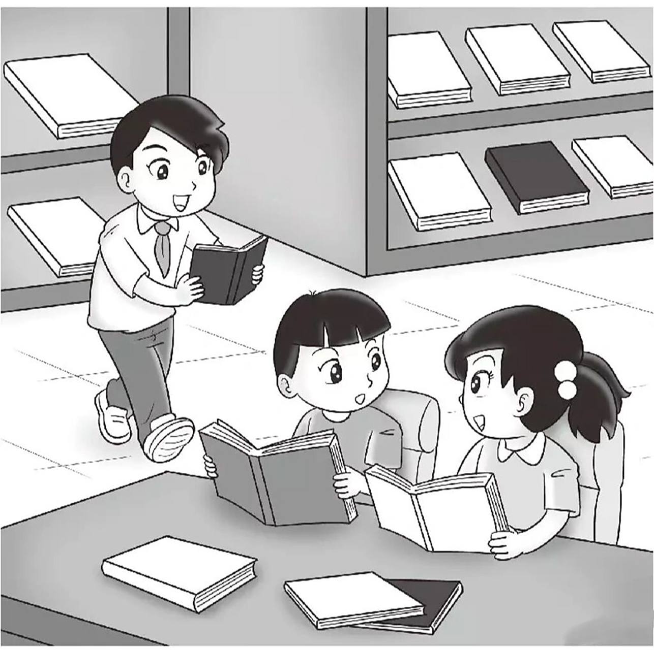 看图写话 在图书馆看书 课间,小东,美美和小宇来到学校图书馆.