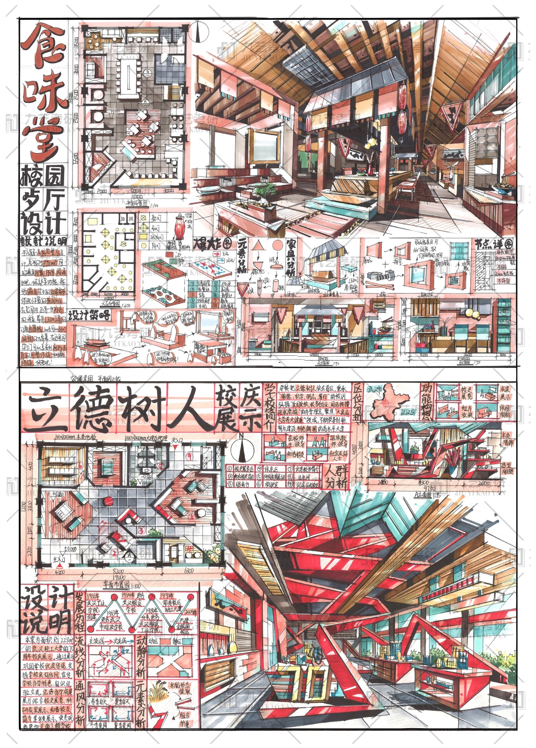 环艺手绘|室内快题|校园餐厅|展厅空间设计