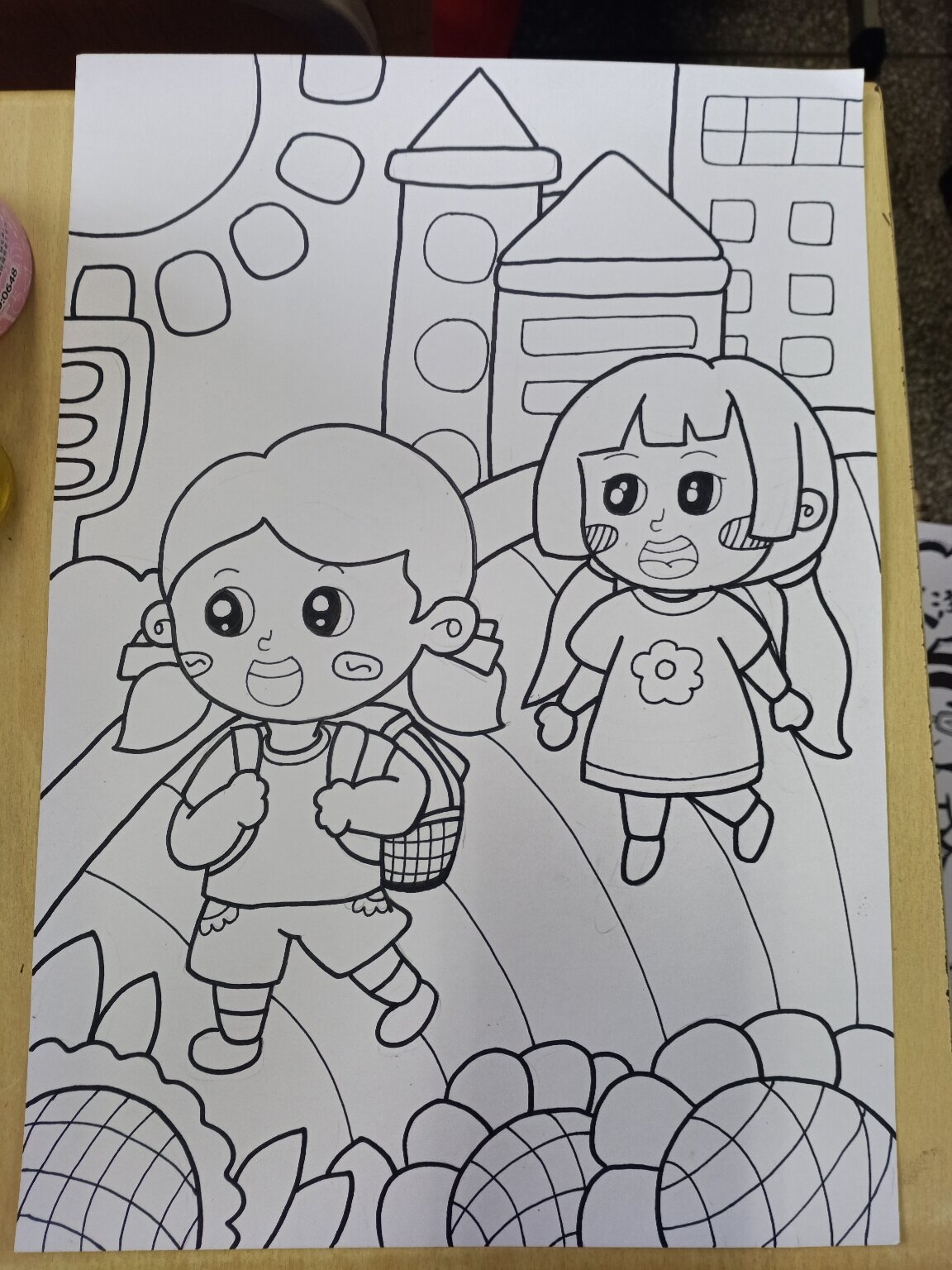 幼儿情景画 黑白线描画 主题《去上学》 纸:8k 马克笔