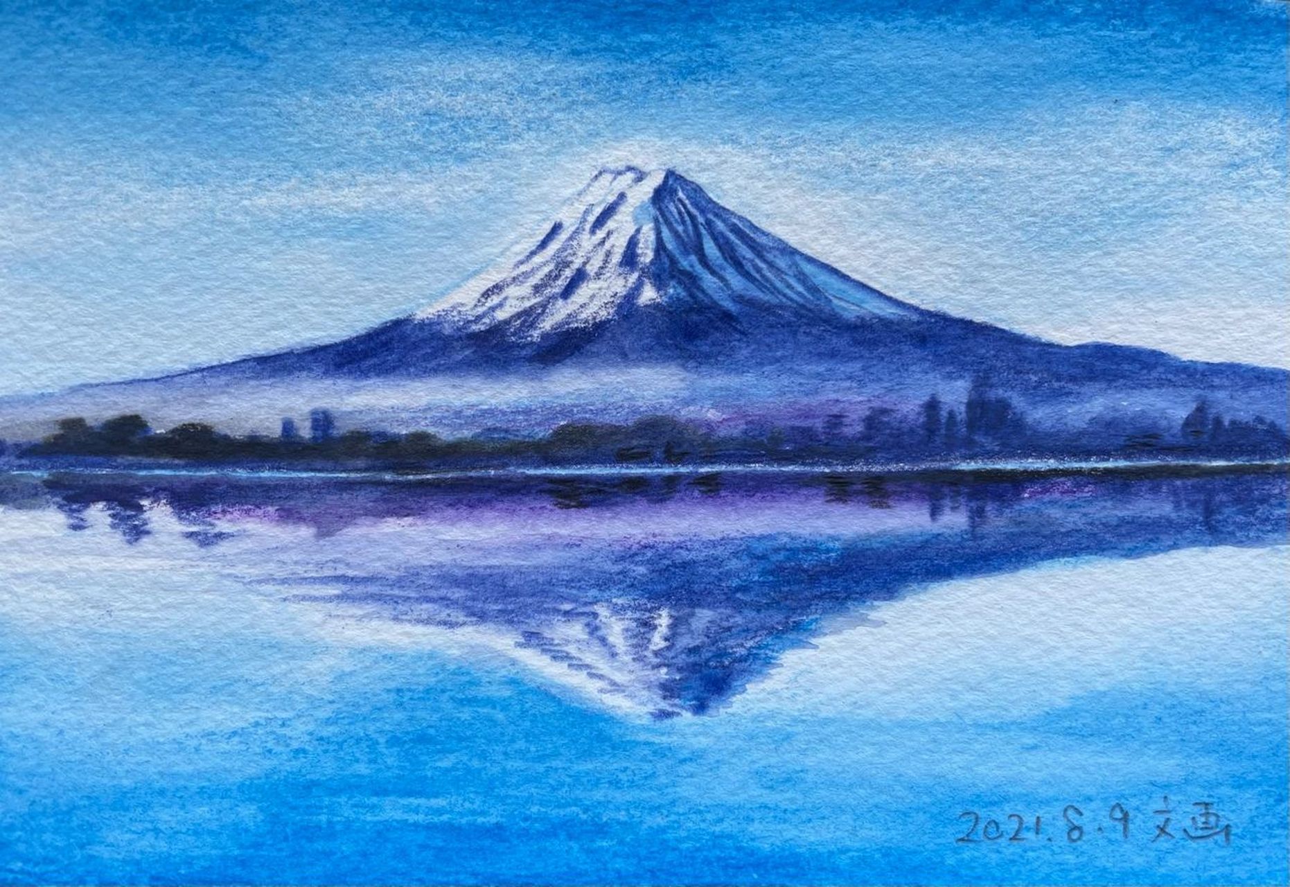 水溶性彩铅画美丽的富士山/含步骤图