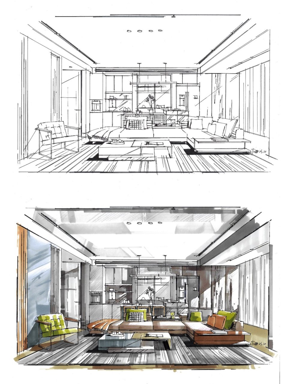 画面需要注意的一些知识点: 线稿: 1,	画面整体以一点透视为主,一点