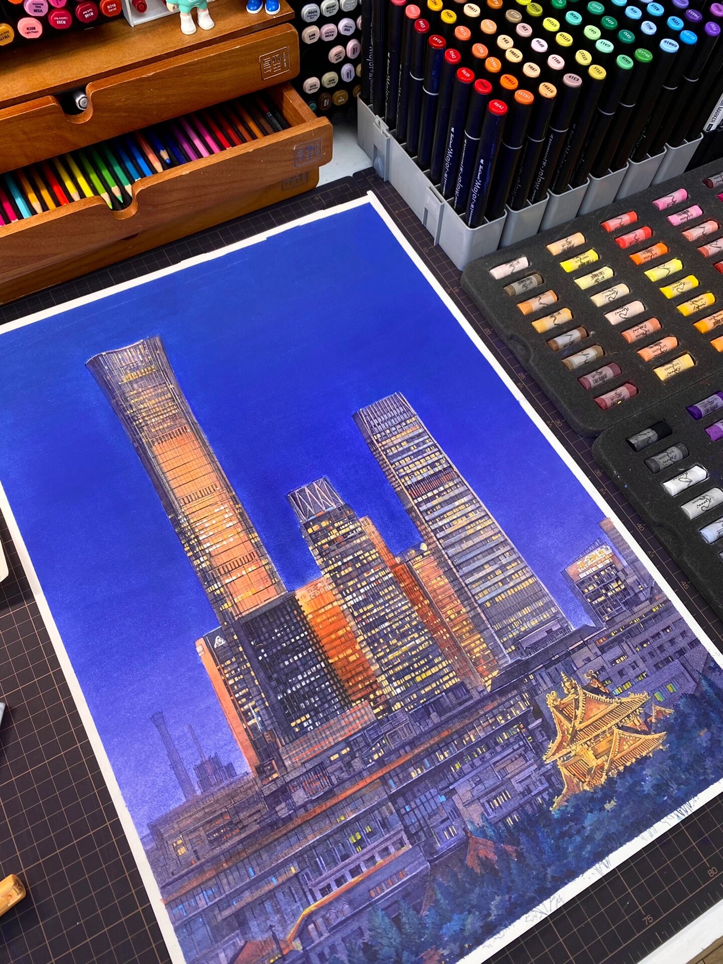 马克笔手绘|蓝调时刻下的北京国贸夜景6015