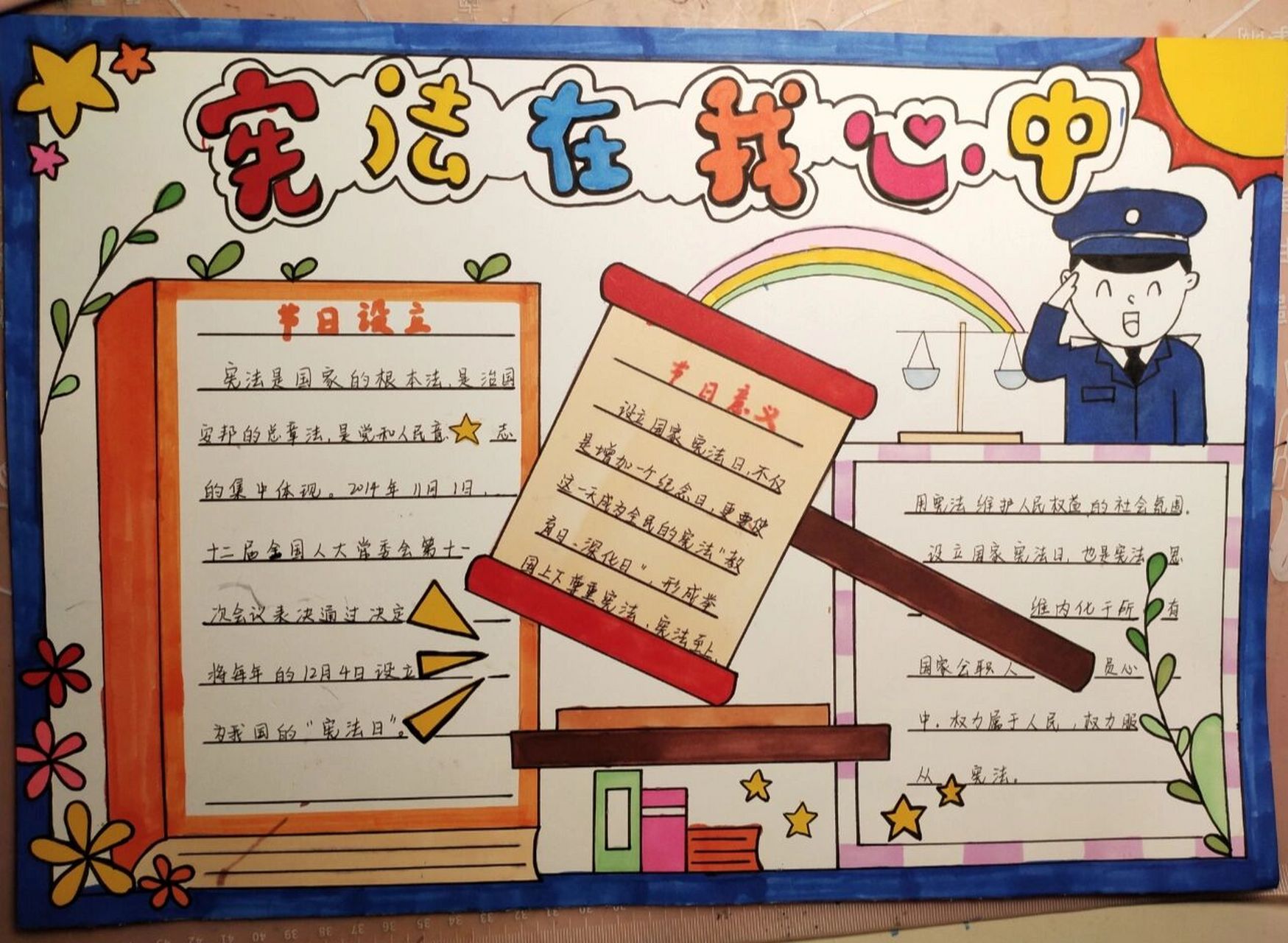 闺女又要交宪法手抄报了,这次我负责画,涂色全部交给闺女完成,字也是