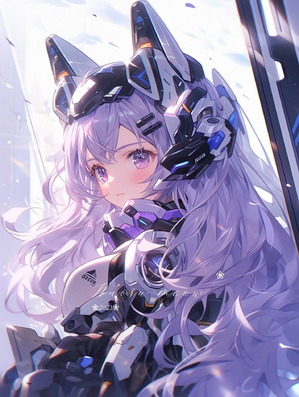 猫耳紫幻赛博风|可爱帅气机甲少女头像 紫色系赛博风猫耳机甲少女高清