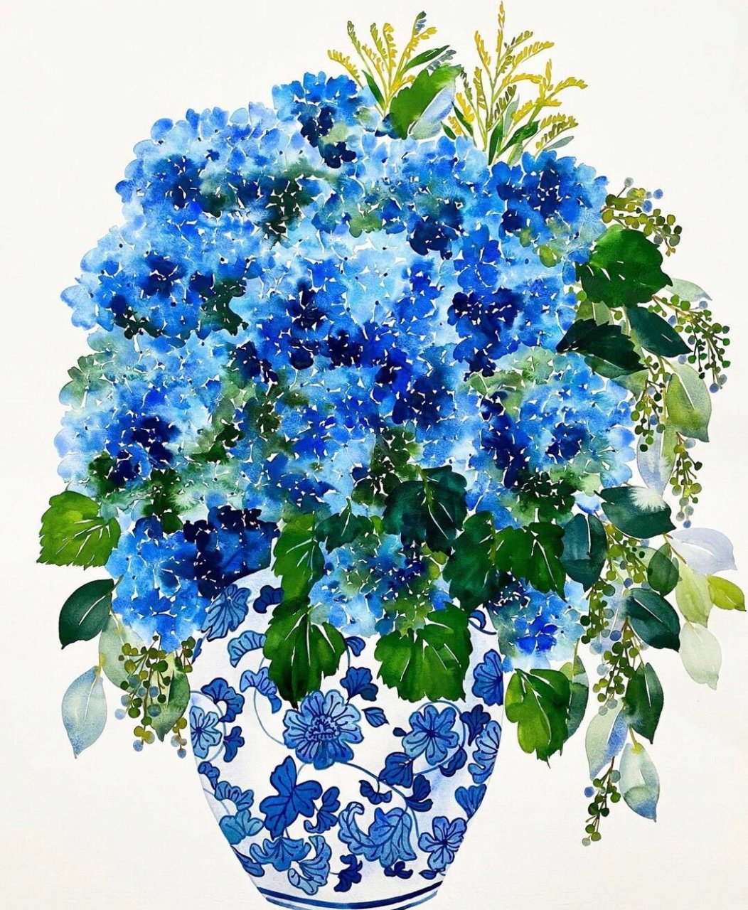 青花瓷花瓶与花少儿水彩画