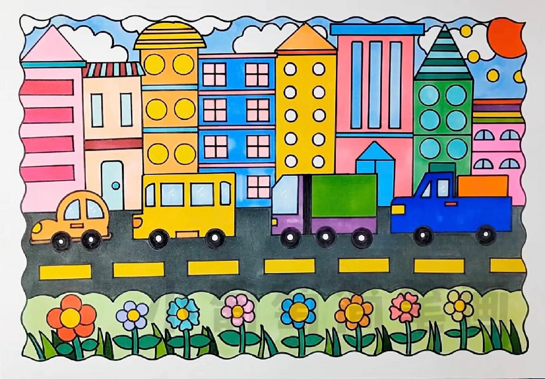 《繁忙的大街》儿童画/有线稿可打印 《热闹的街道》儿童画/《繁忙