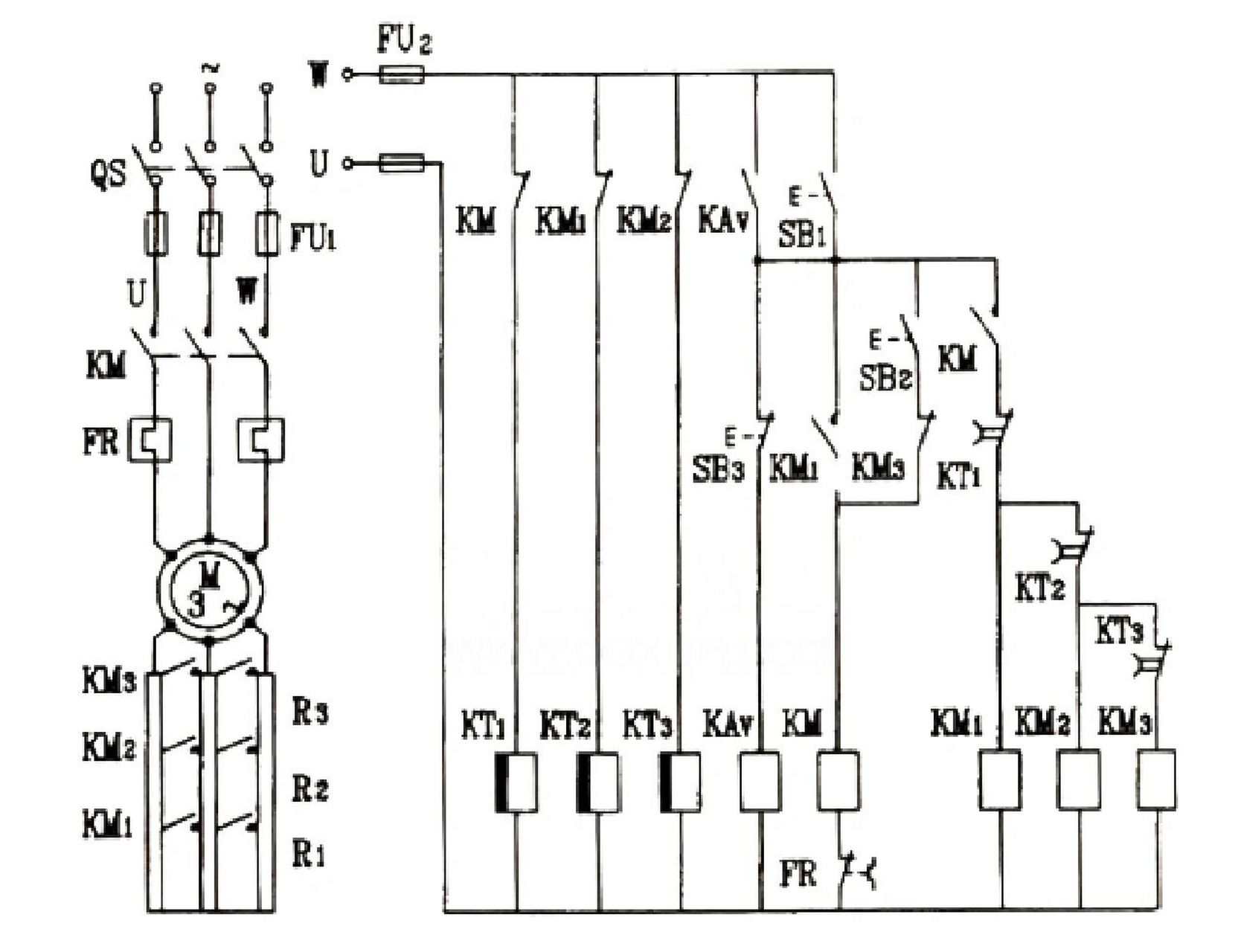 三相绕线式电动机转子串联电阻启动控制电路图 为了限制启动电流并