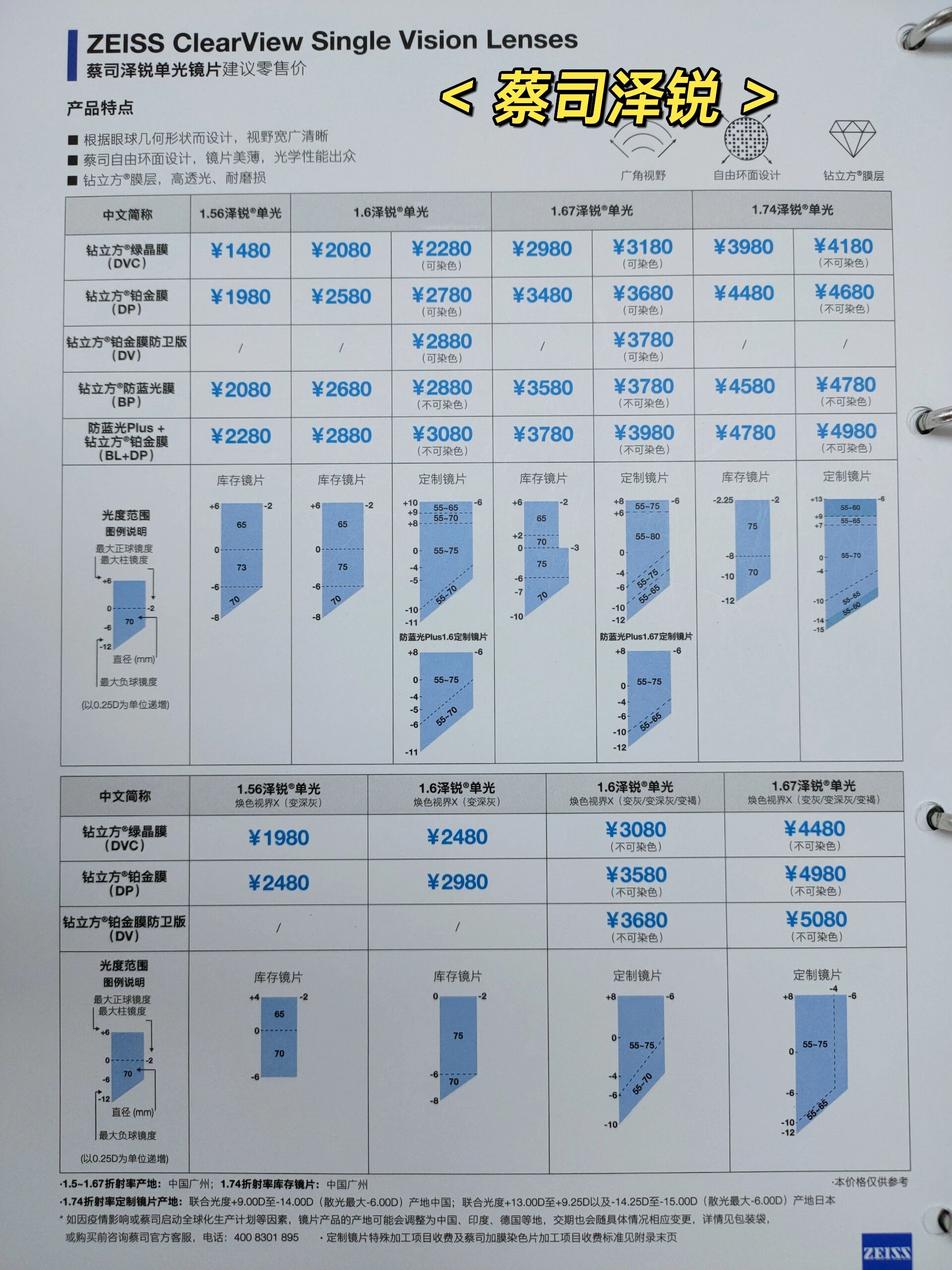 蔡司驾驶型镜片价目册图片