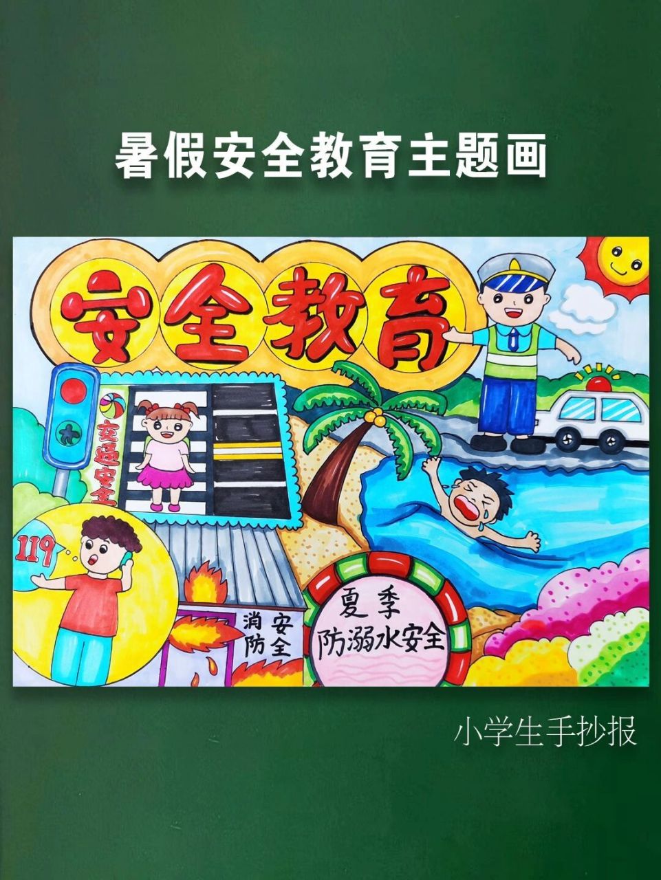 小学生暑假安全教育主题手抄报.       马克笔绘画