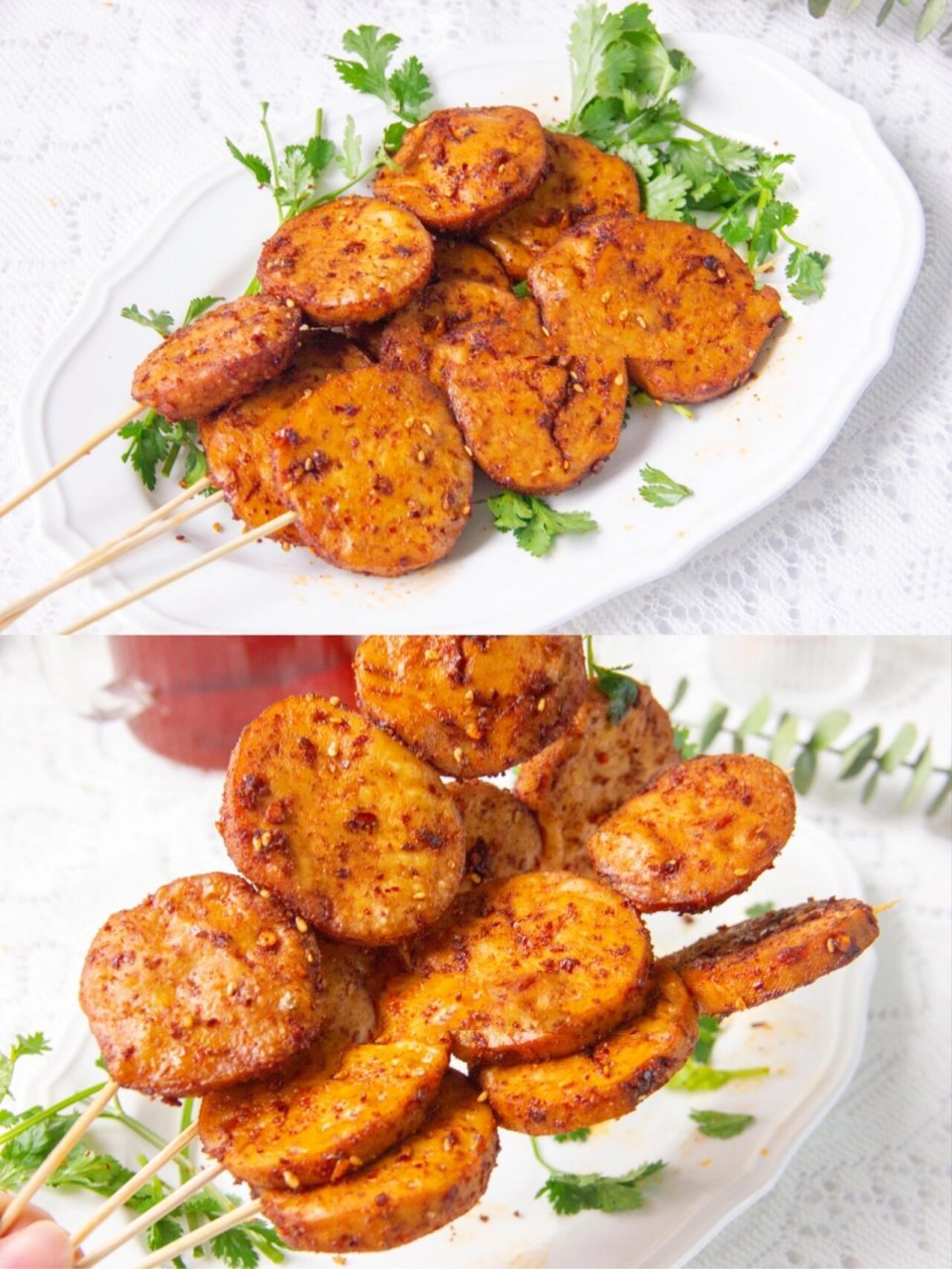 96但是我最爱的做法就是儿时烧烤店的烤素鸡,孜然辣椒的香味加上