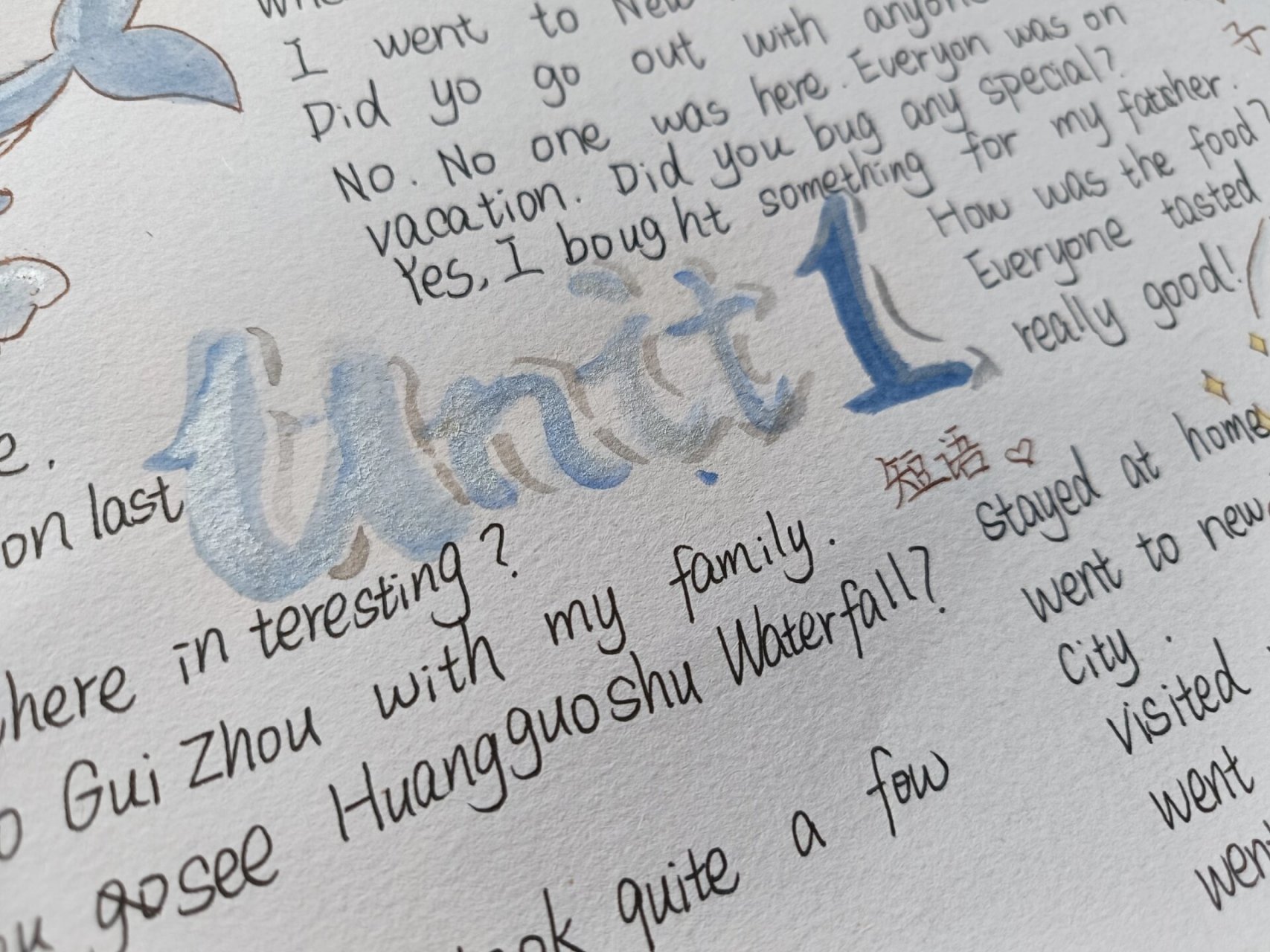 八上英语一单元手抄报 第1次尝试用水彩画,鲸鱼那些画是临摹的,小红著