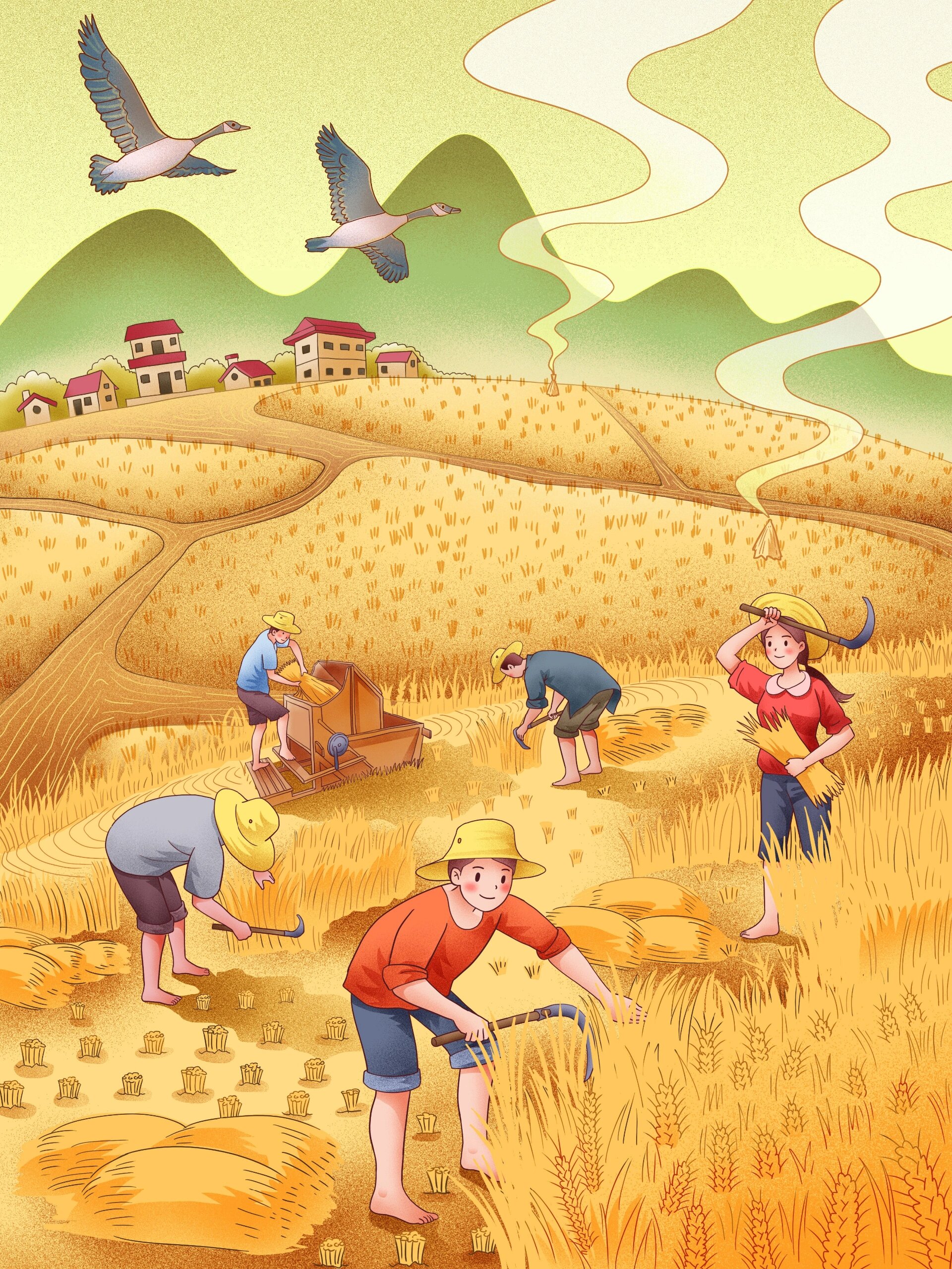 收割麦田插画|乡村生活|童年回忆